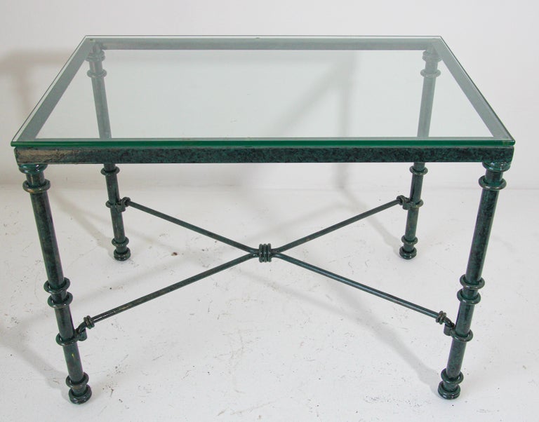 Glass Top Coffee Table with Metal Verdigris Finish Patina For Sale 11
