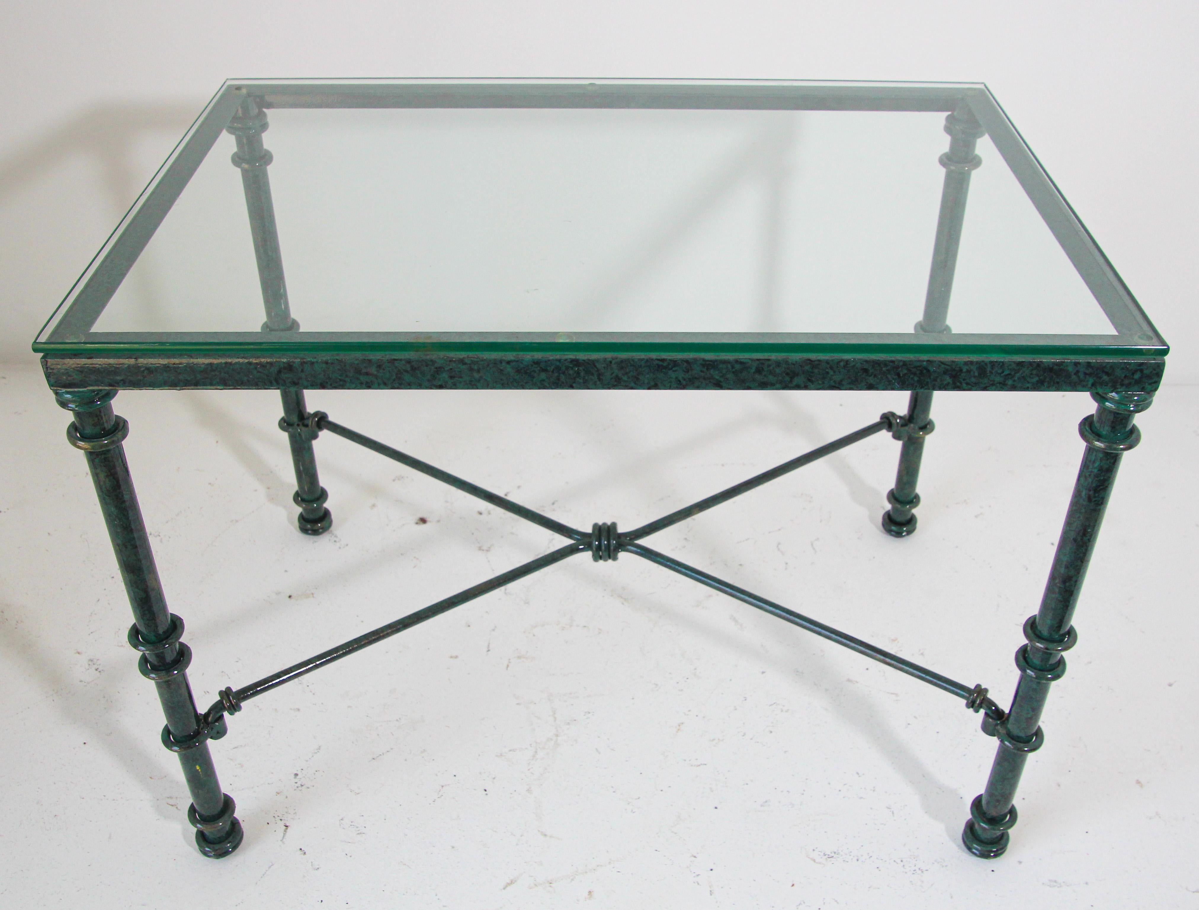 French Glass Top Coffee Table with Metal Verdigris Finish Patina For Sale