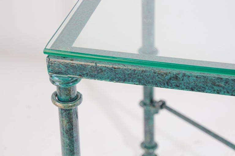 Glass Top Coffee Table with Metal Verdigris Finish Patina For Sale 1