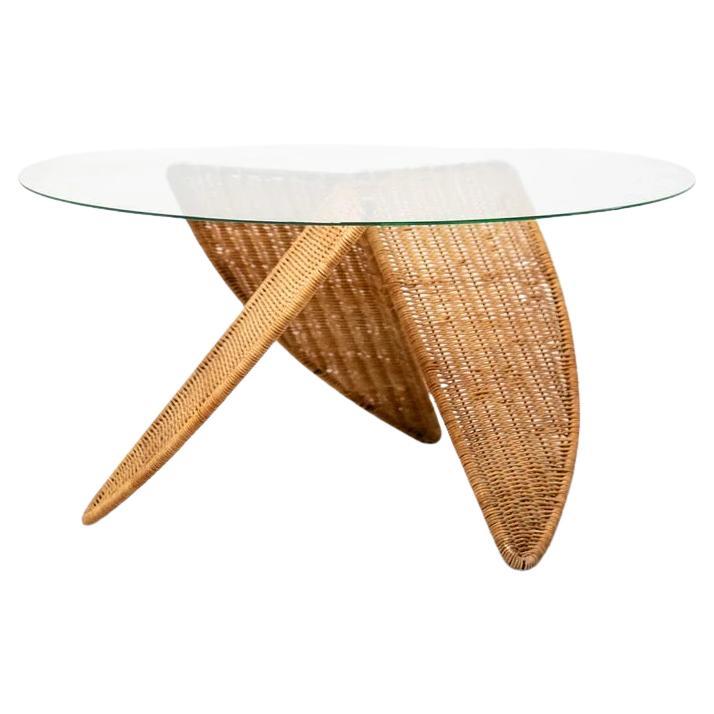 Glass Top Coffee Table with Woven Base, France, 1970s For Sale