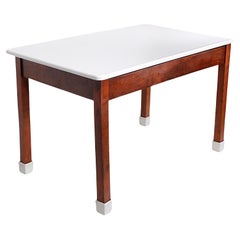 Antique Glass Top Confection Bakers Table with Wood Base and Porcelain Enamel Feet