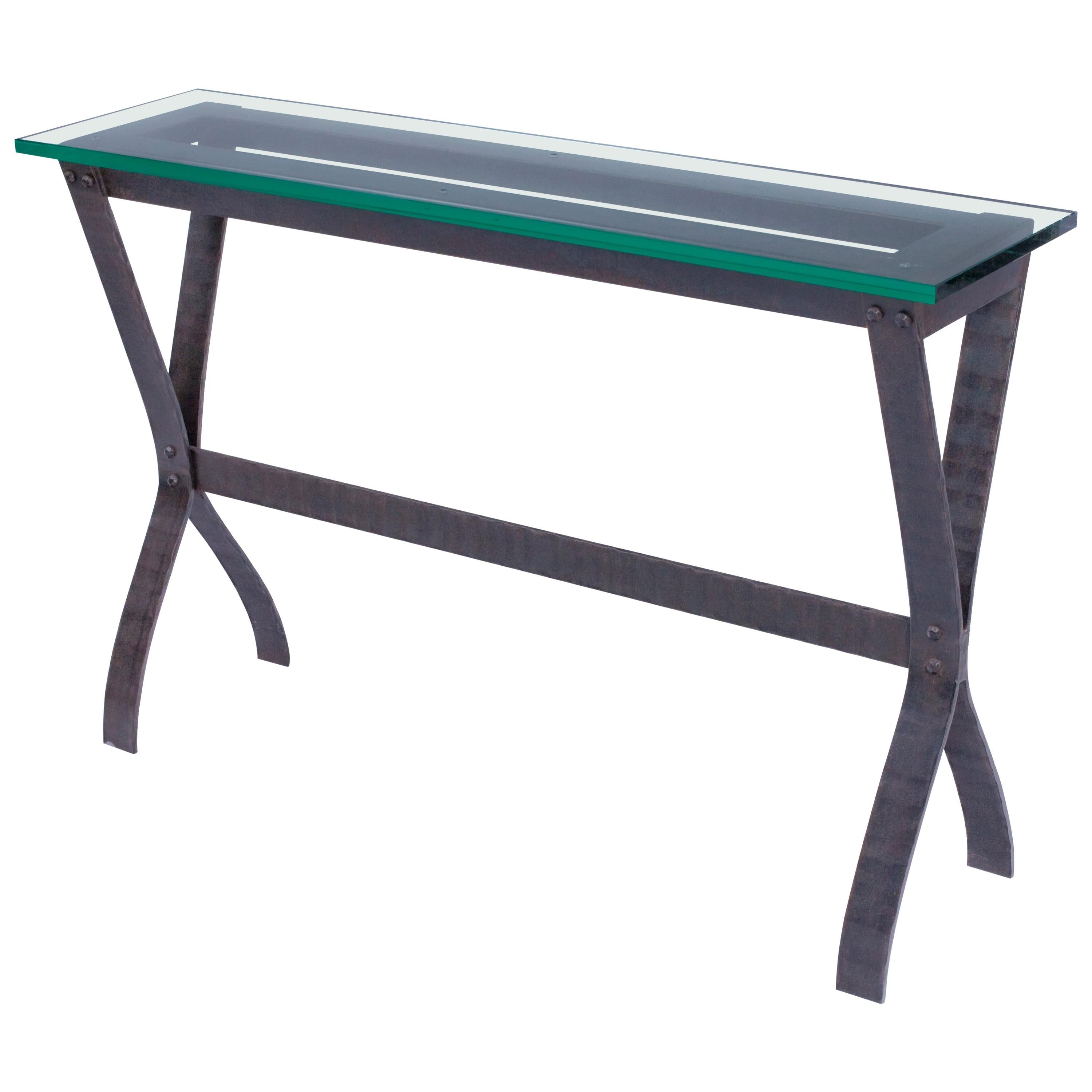 Glass Top Console Table with Hand Forged Steel Base, Customizable For Sale