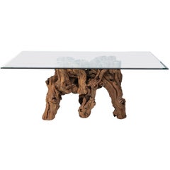 Vintage Glass Top Cypress Tree Root Dining Table