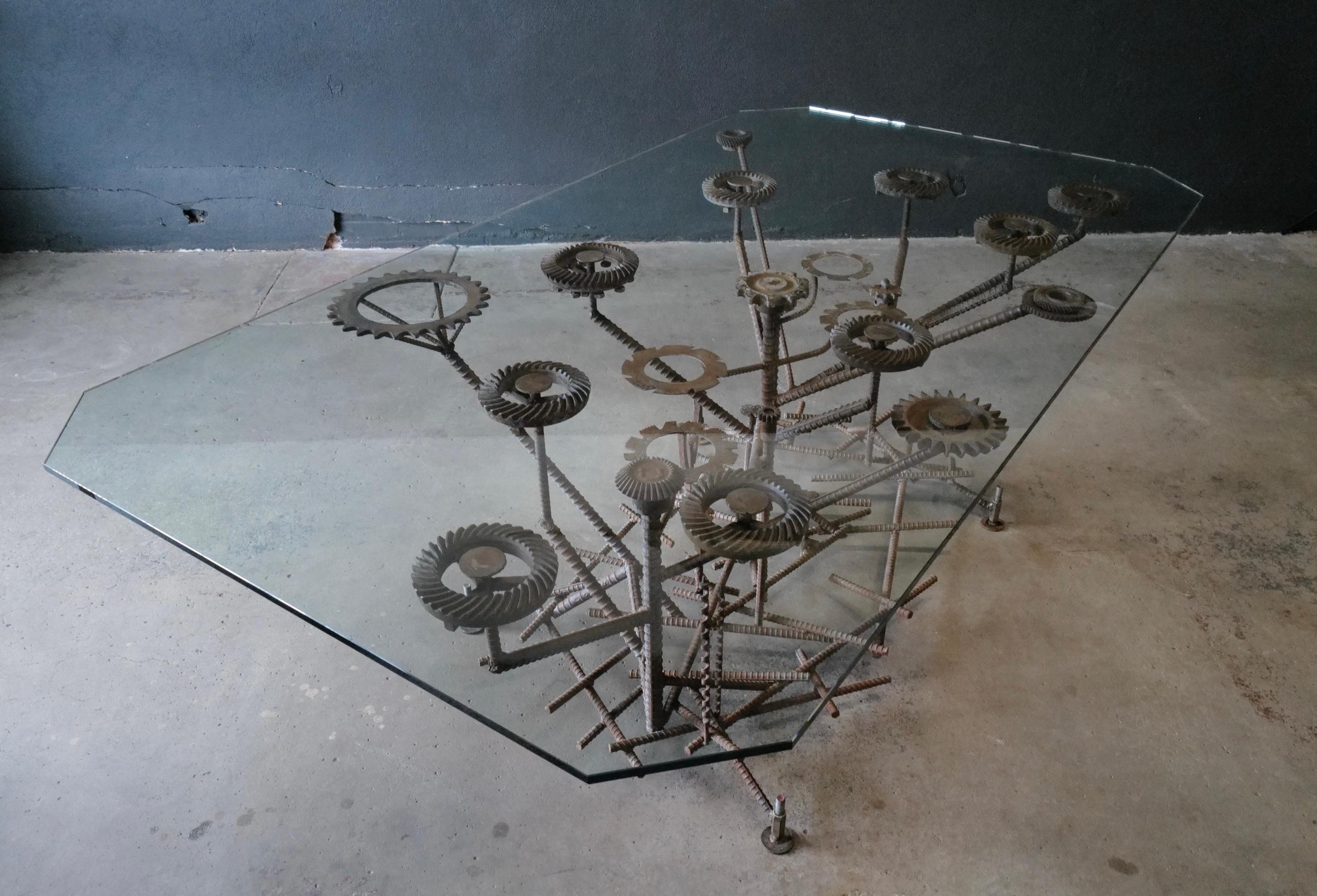 Glass Top Dining Table with One of a Kind Steel Rebar Base For Sale 7