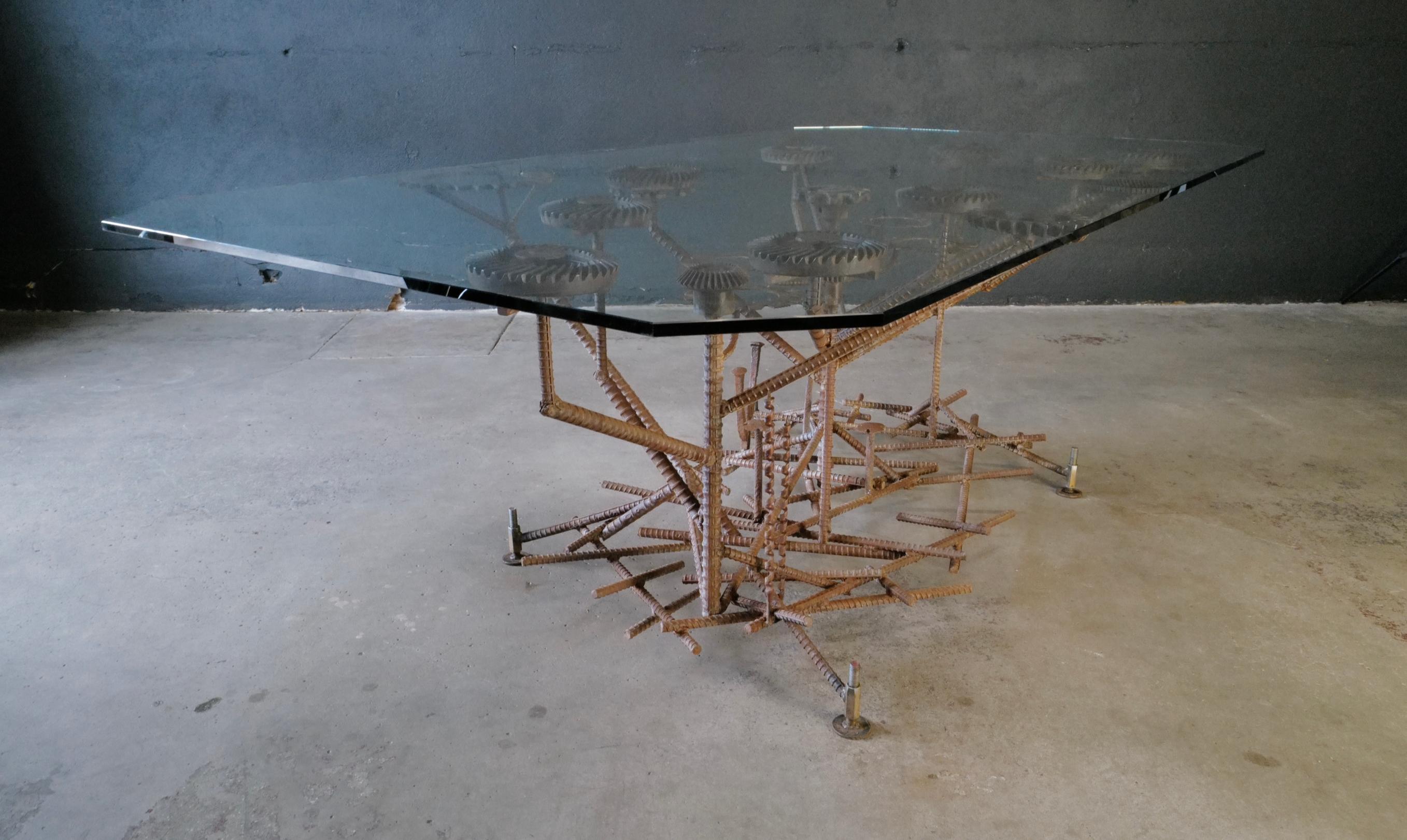 Welded Glass Top Dining Table with One of a Kind Steel Rebar Base For Sale