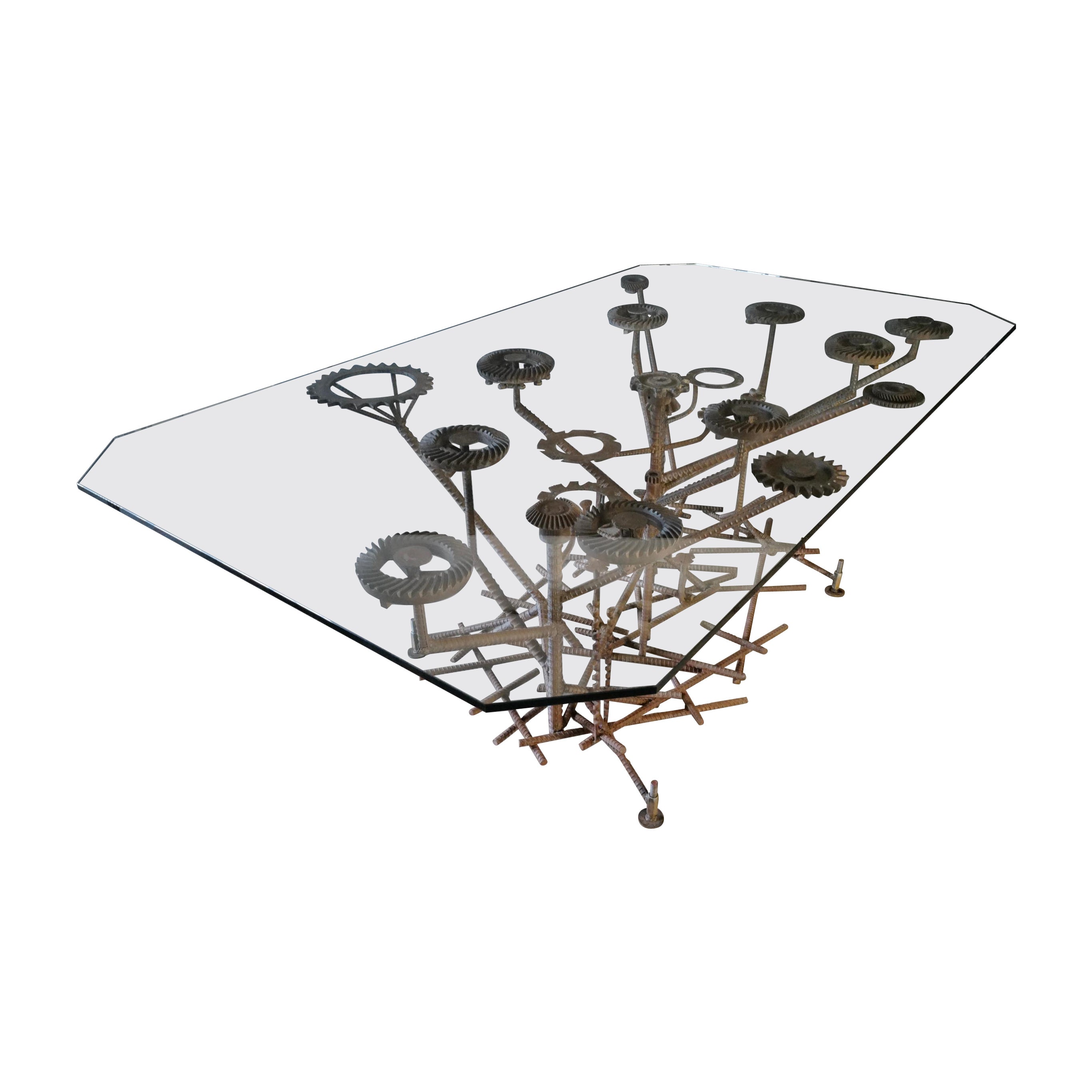 Glass Top Dining Table with One of a Kind Steel Rebar Base For Sale