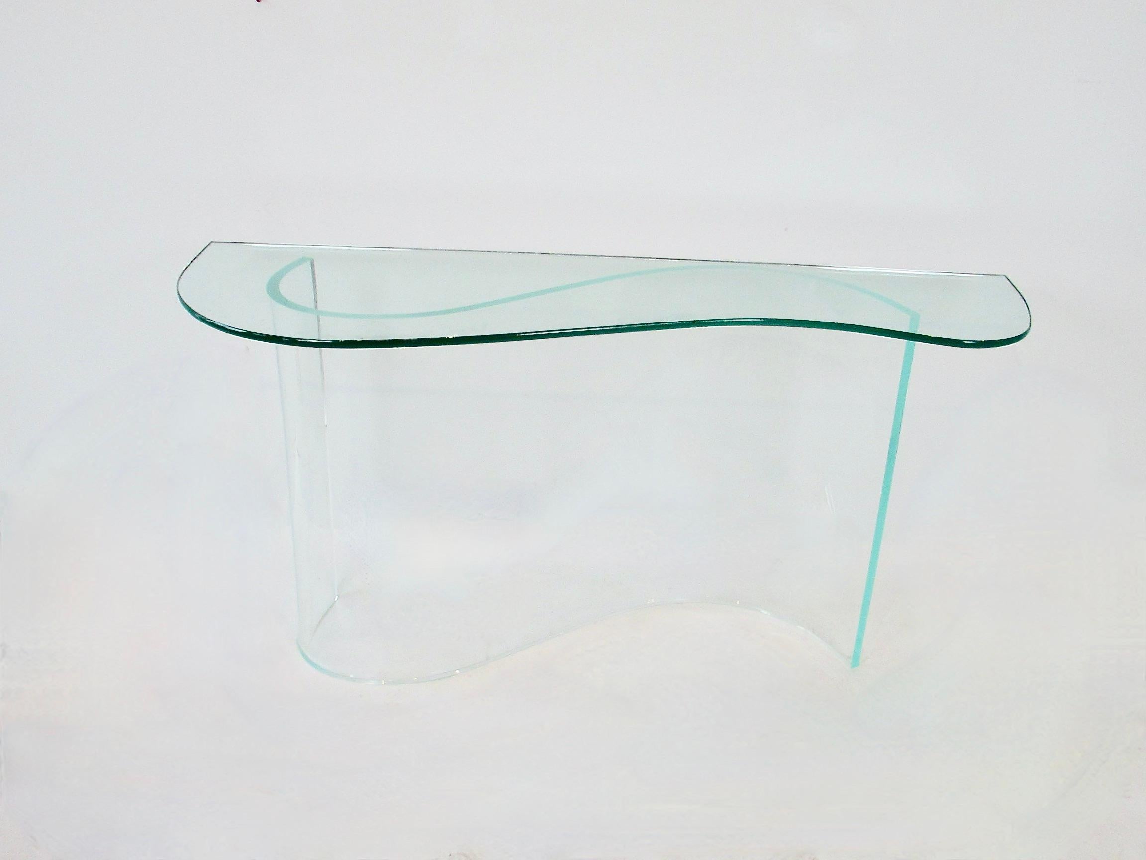 American Glass top entryway console table on lucite wave base For Sale