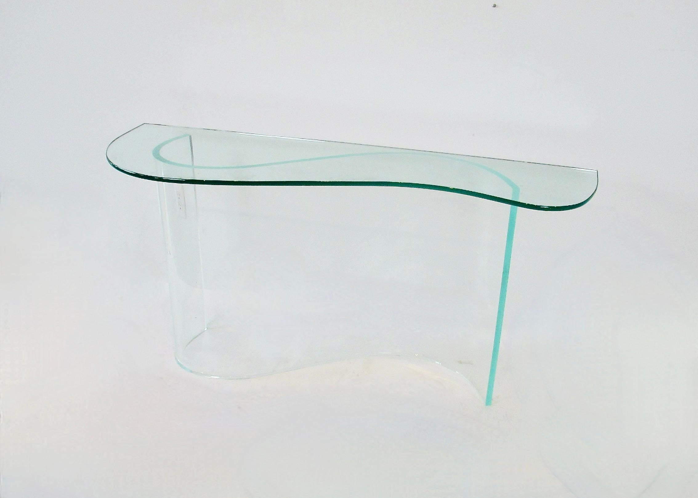 Glass top entryway console table on lucite wave base In Good Condition For Sale In Ferndale, MI