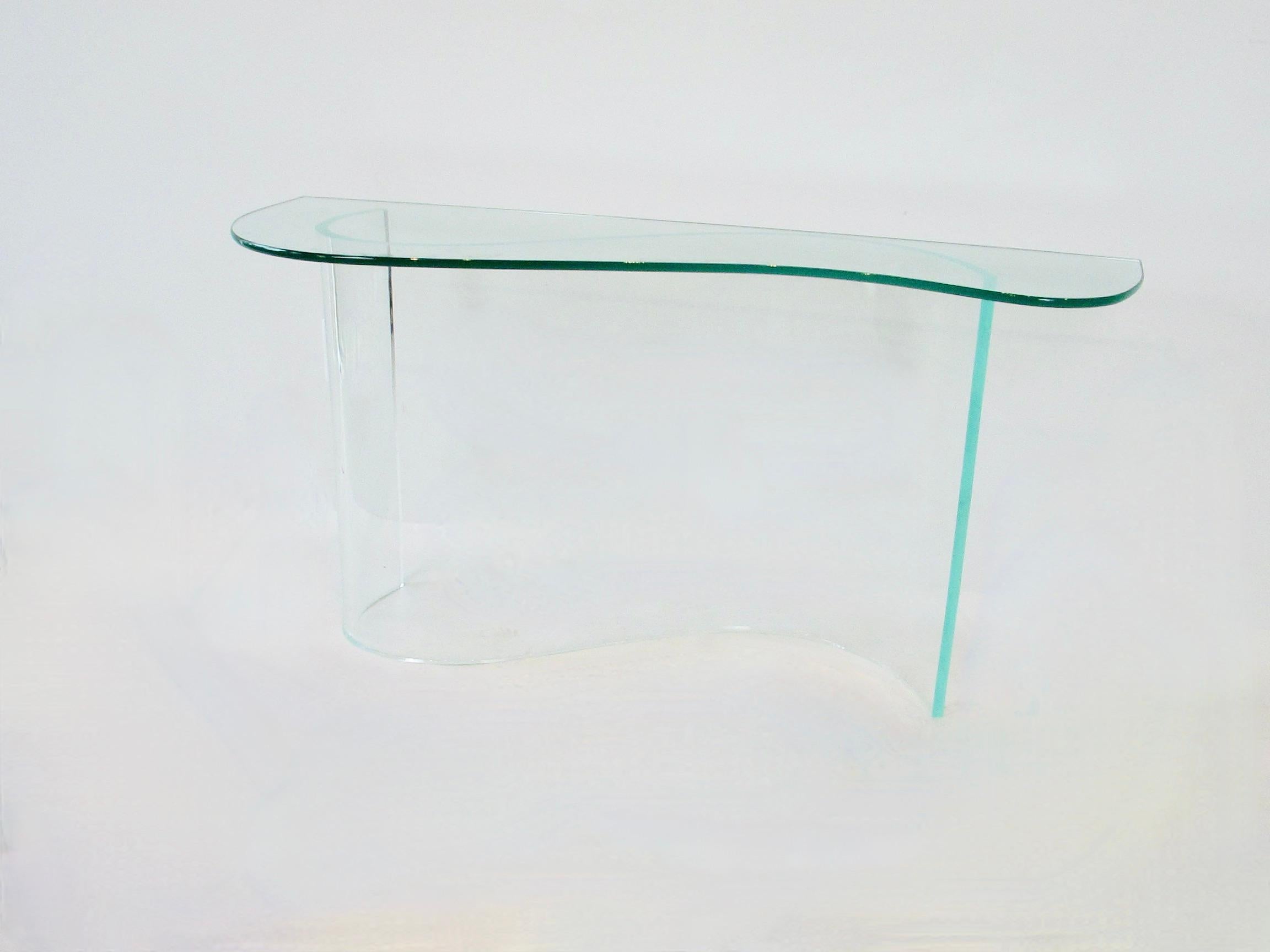 20th Century Glass top entryway console table on lucite wave base For Sale