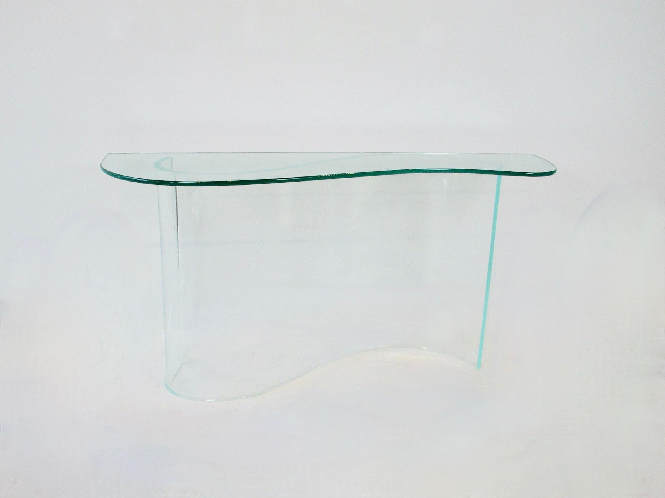 Goat Hair Glass top entryway console table on lucite wave base For Sale
