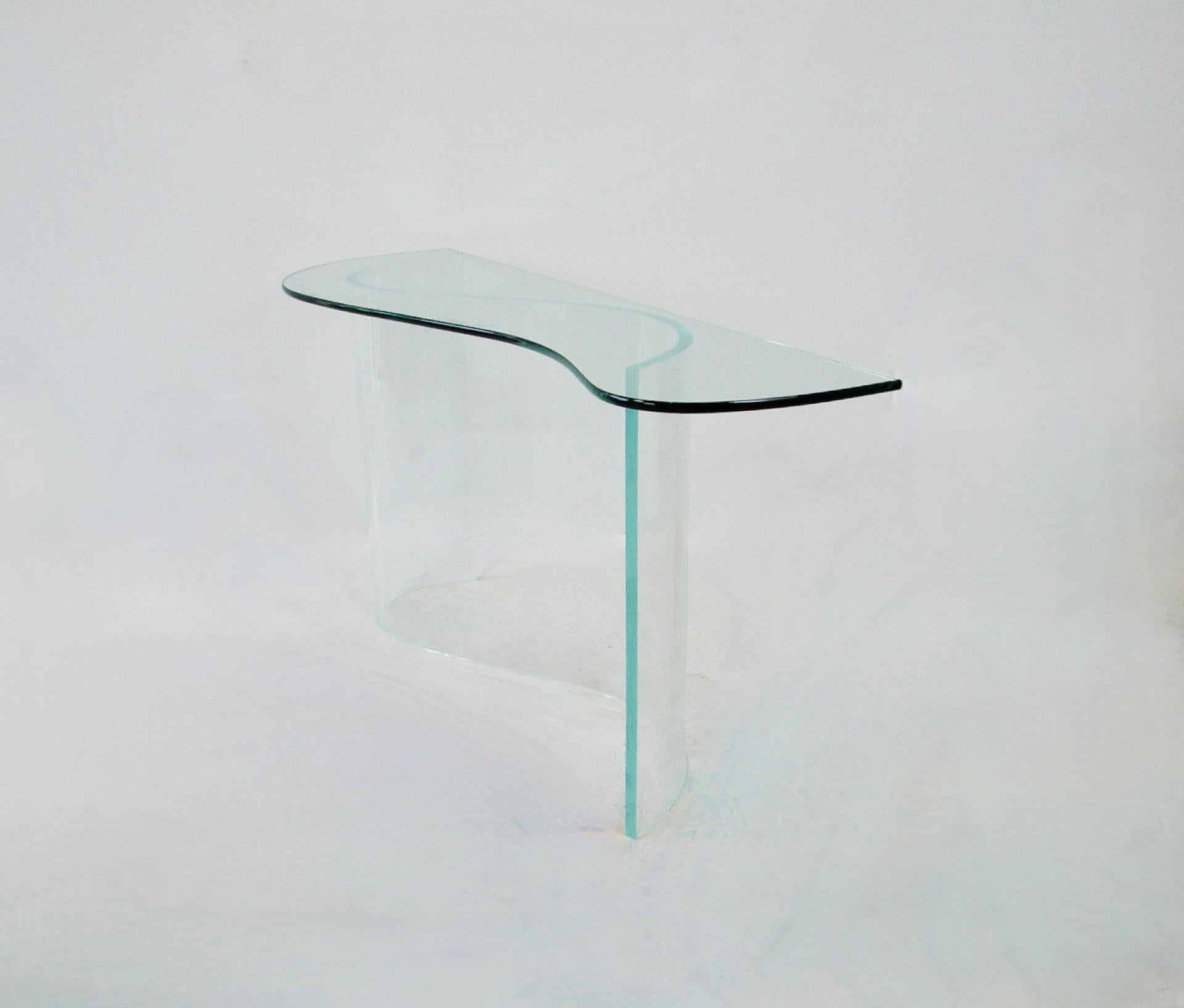 Glass top entryway console table on lucite wave base For Sale 1
