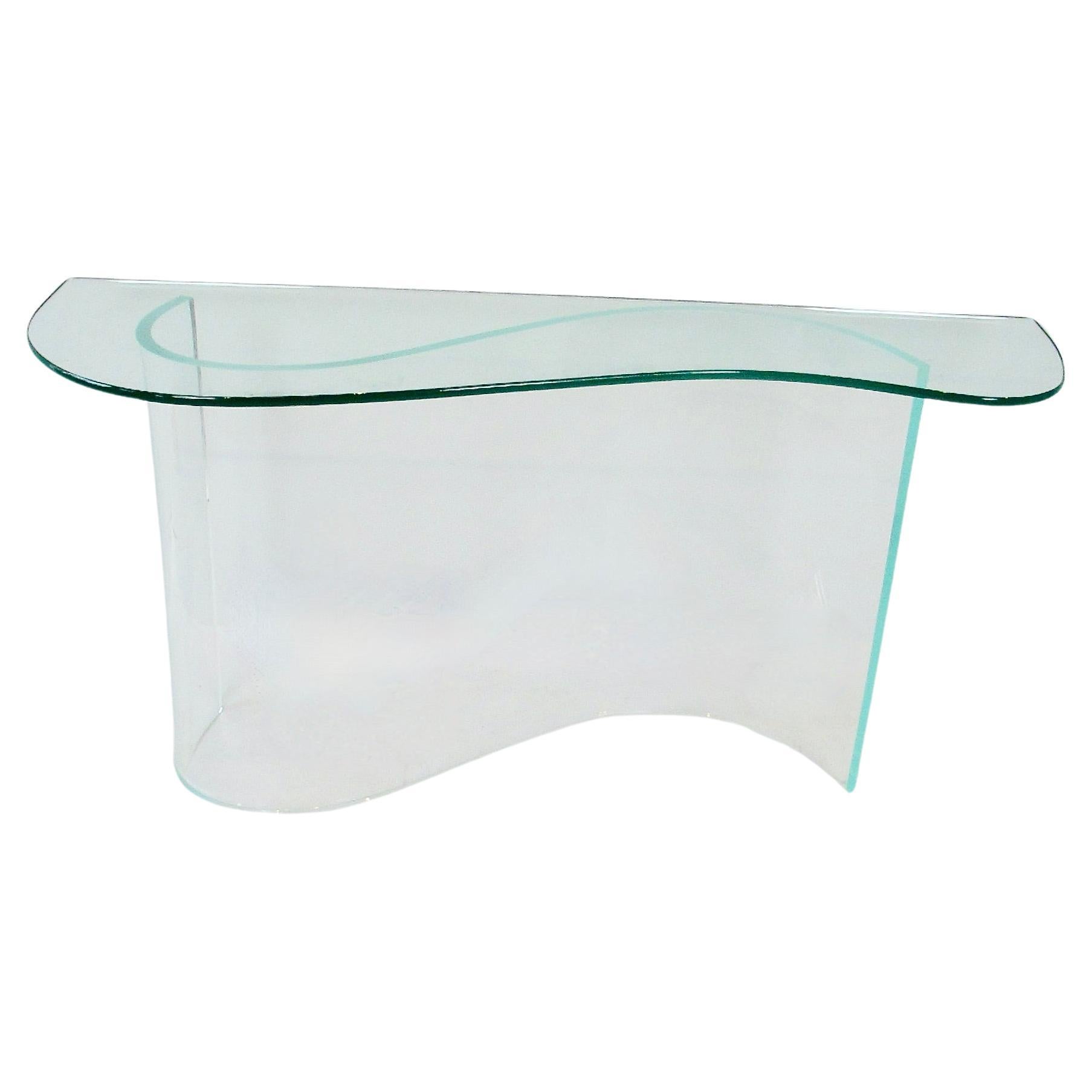 Glass top entryway console table on lucite wave base For Sale