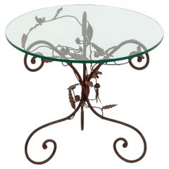 Mesa Auxiliar de Hierro Forjado Rojo Foliado con Tapa de Cristal