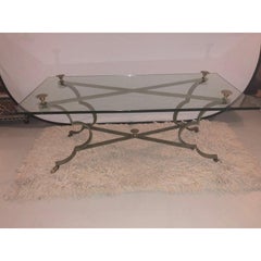 French Neoclassical Style Center or Coffee Table with Glass Top, Brass & Iron
