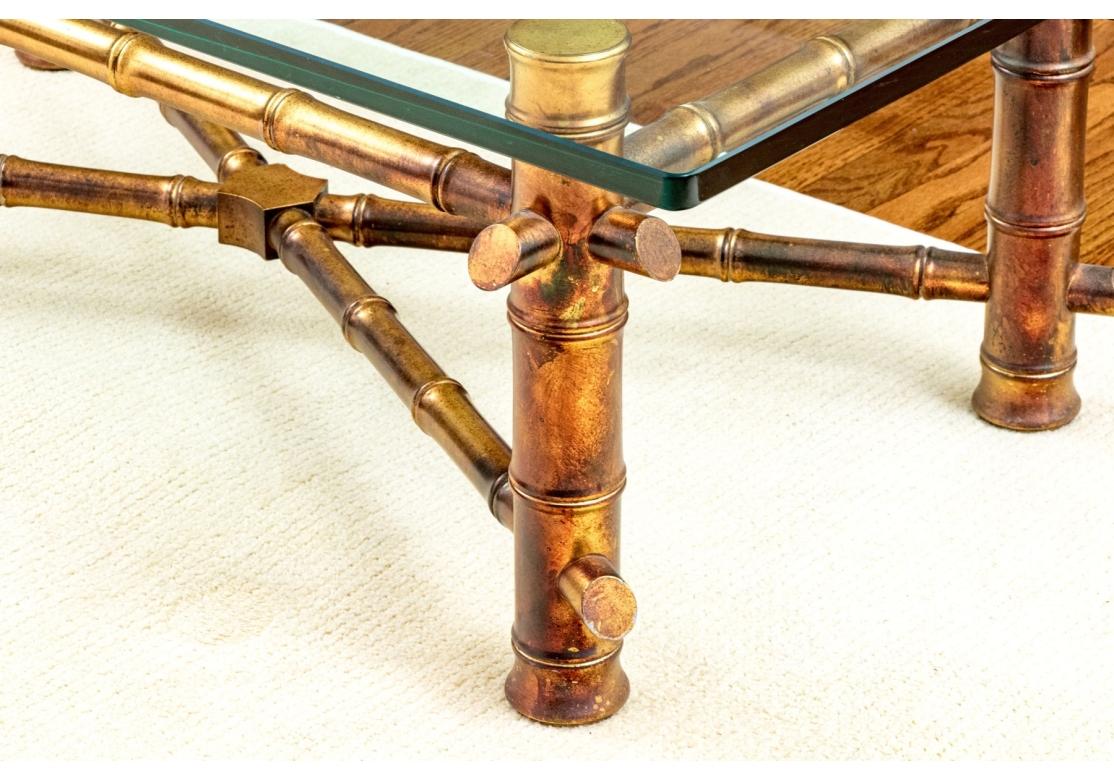 Mid-Century Modern Glass Top Gilt Faux Bamboo Form Cocktail Table For Sale