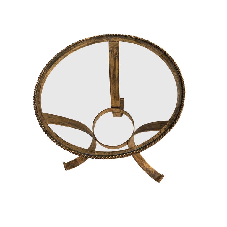 Gold Gilt Base, Glass Top Round Cocktail Table, Spain, Midcentury For