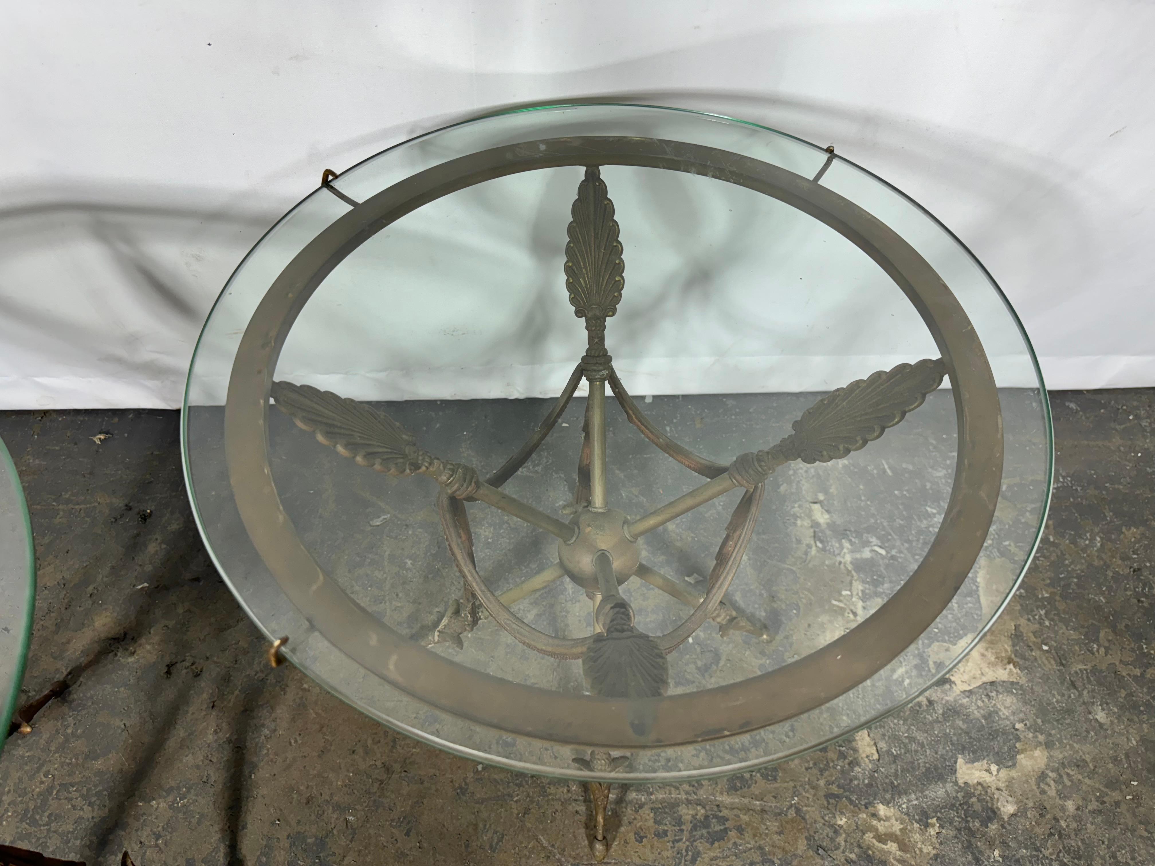Hollywood Regency Glass Top Gueridon Bronze Arrow Base End Table Attributed Maison Jansen