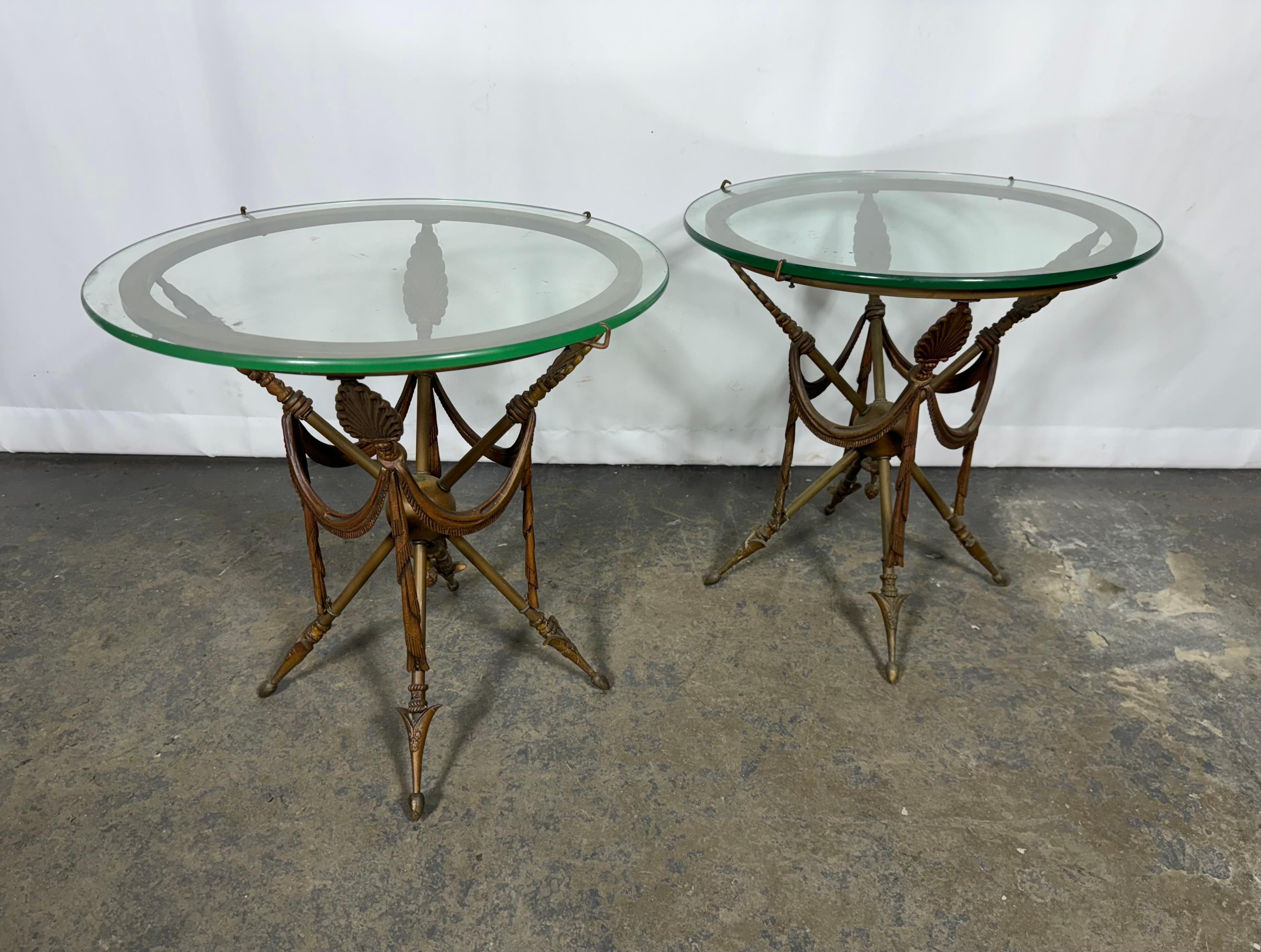 Glass Top Gueridon Bronze Arrow Base End Table Attributed Maison Jansen In Good Condition In Buffalo, NY