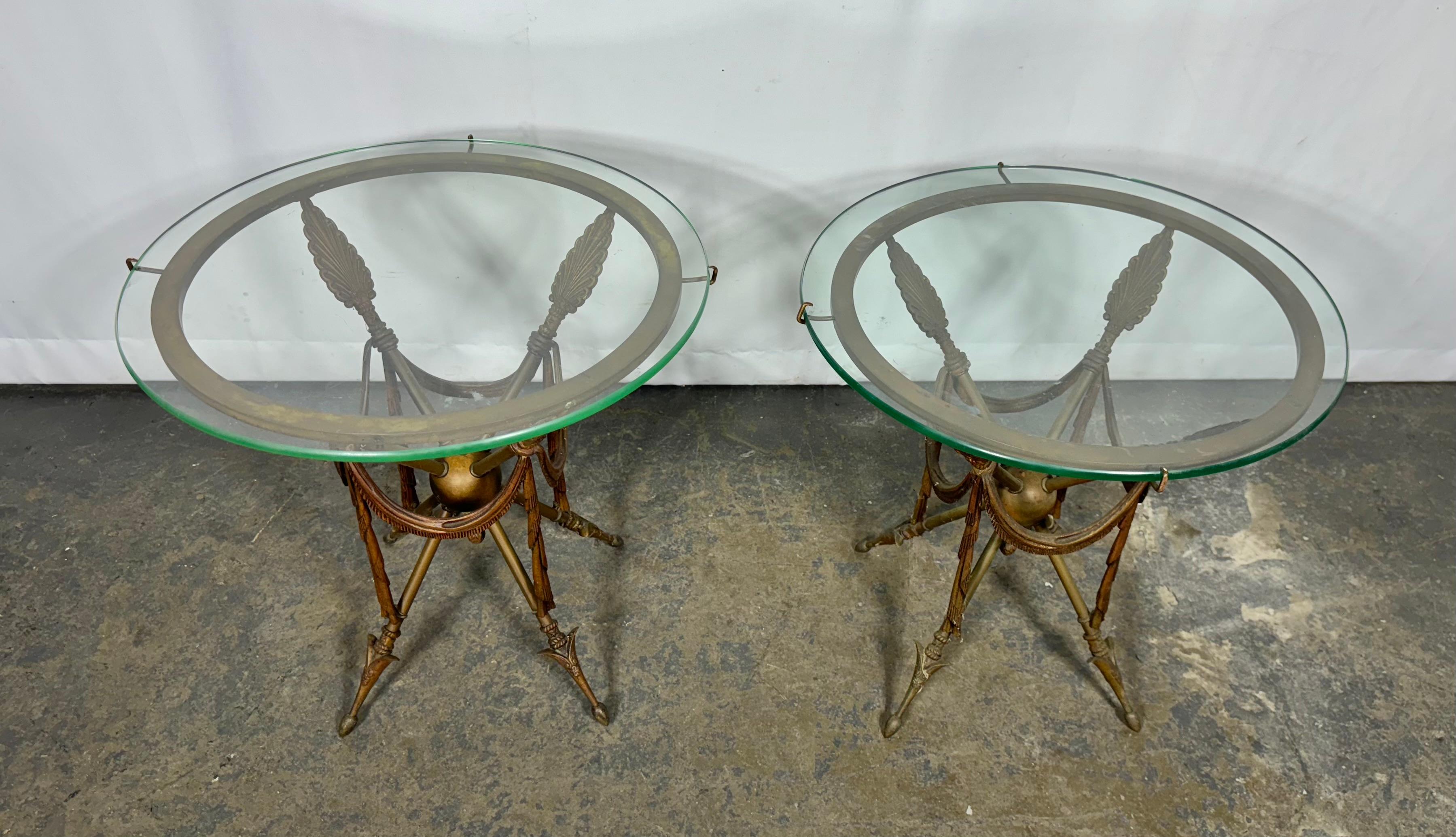 Glass Top Gueridon Bronze Arrow Base End Table Attributed Maison Jansen 2