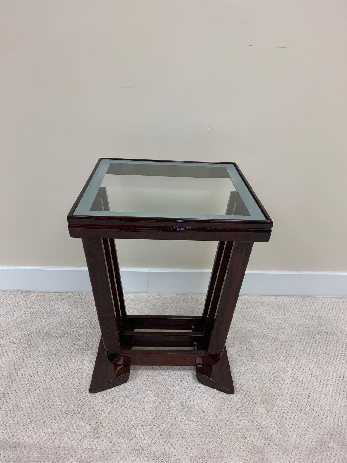 Walnut Glass Top Machine Age Art Deco Speed Band Side Table For Sale