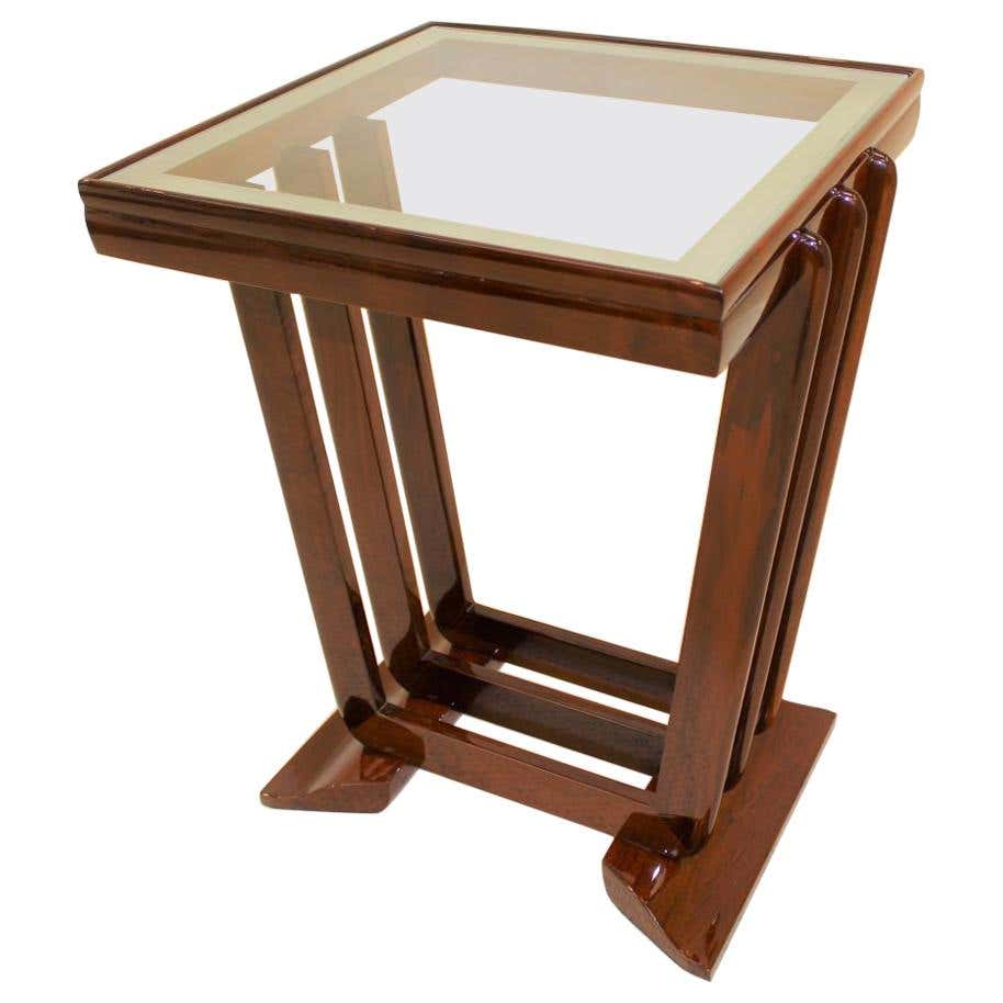 Art Deco Machine Age Three-Tier Bookmatched Walnut and Black Lacquer ...