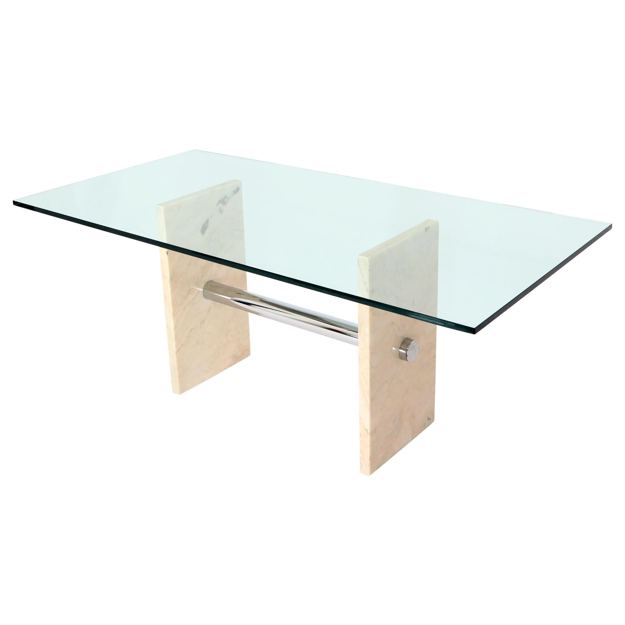 Table de conférence rectangulaire pour salle à manger avec plateau en verre, base en marbre et chrome en vente