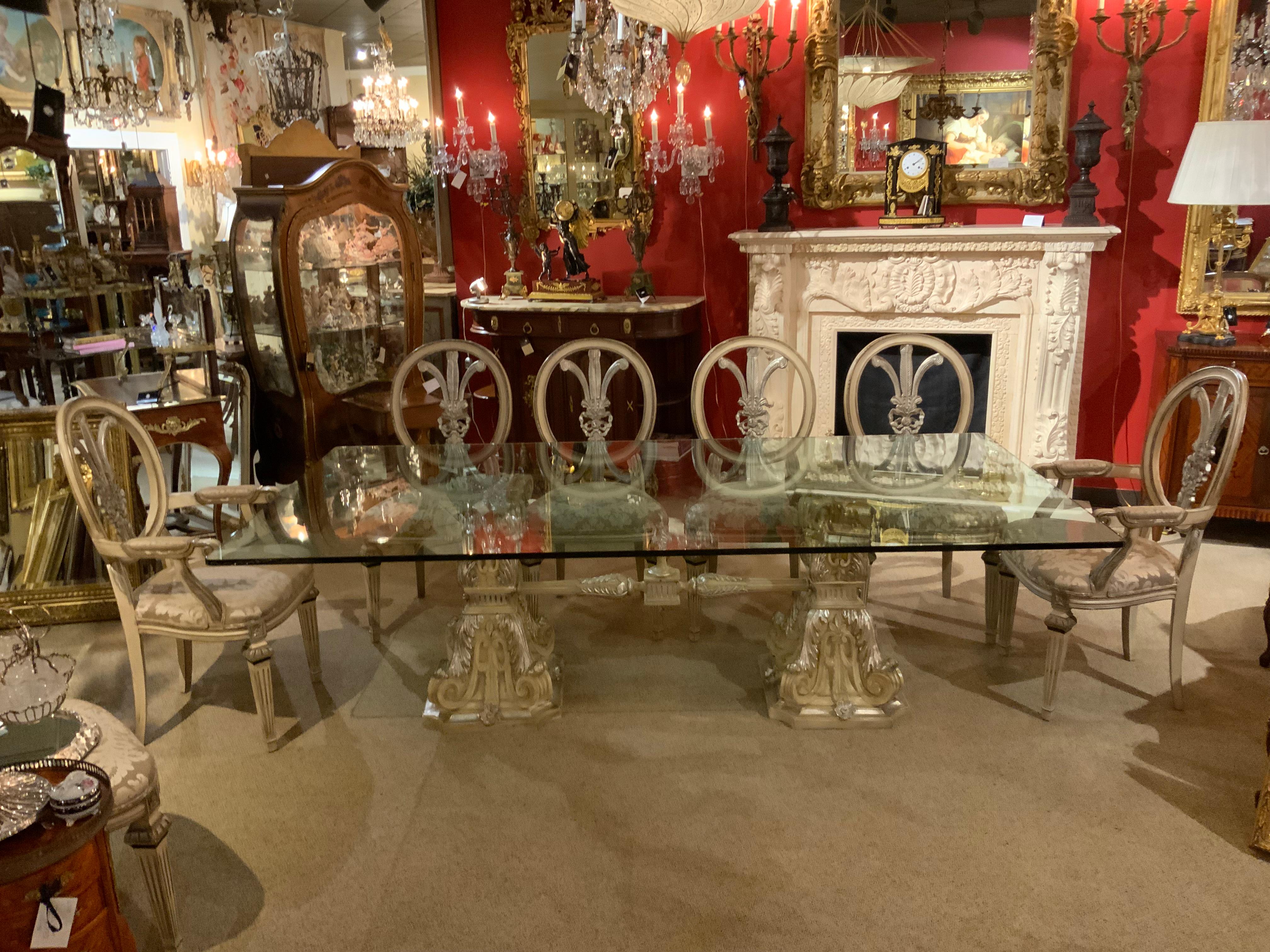 Glass top on silver gilt double pedestal base with ten chairs For Sale 6