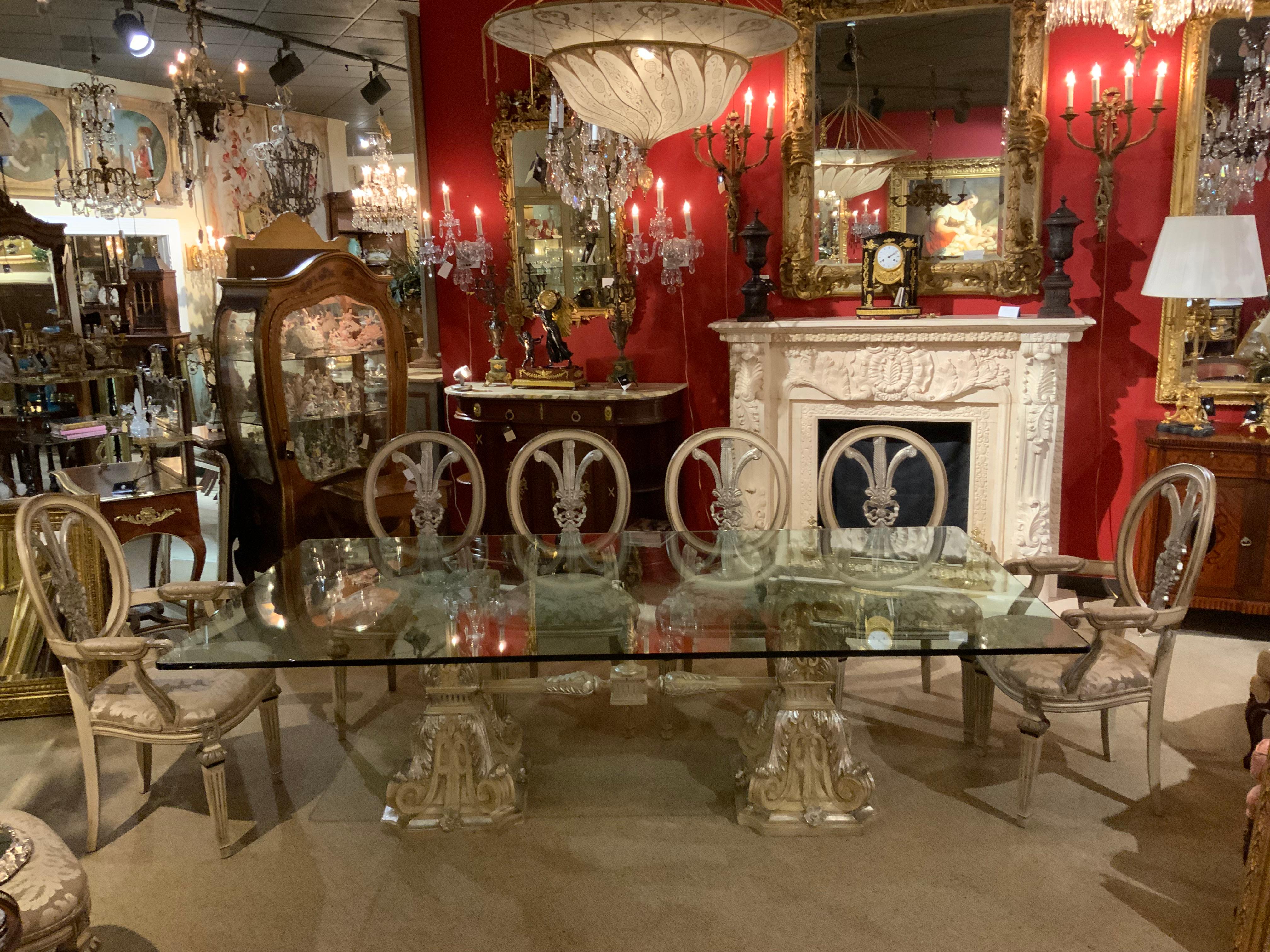 Glass top on silver gilt double pedestal base with ten chairs For Sale 7