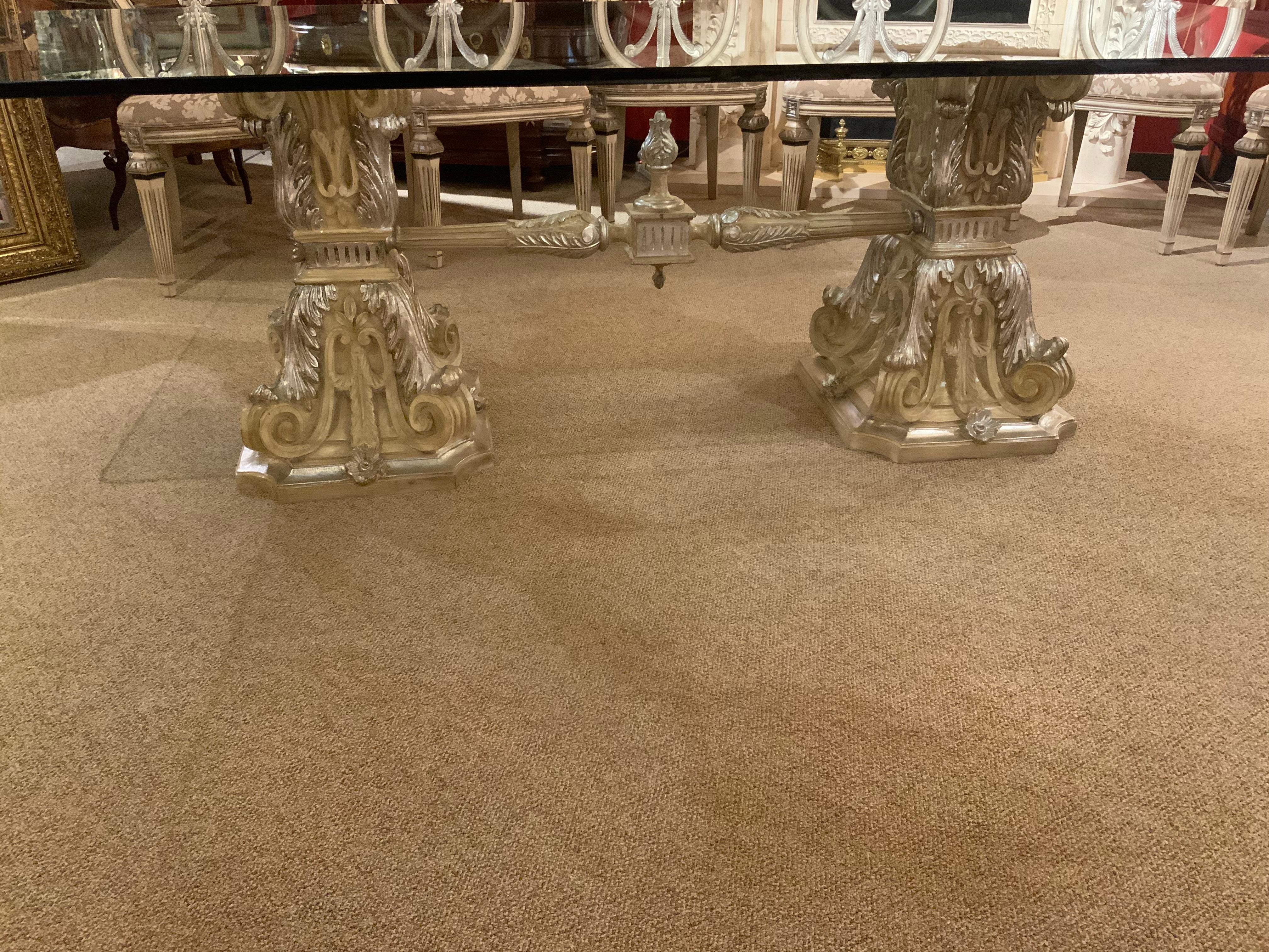 Louis XVI Glass top on silver gilt double pedestal base with ten chairs For Sale