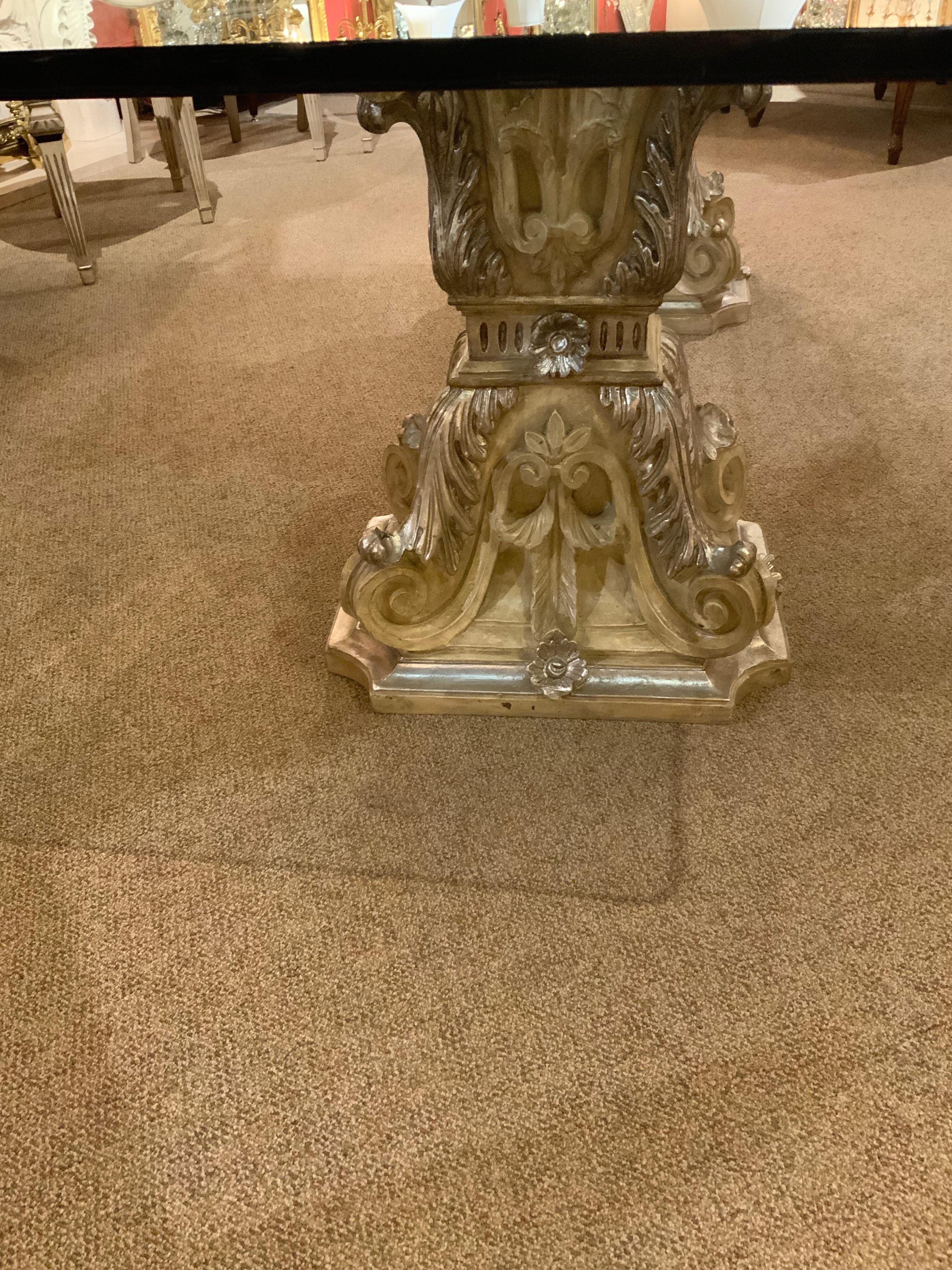 American Glass top on silver gilt double pedestal base with ten chairs For Sale