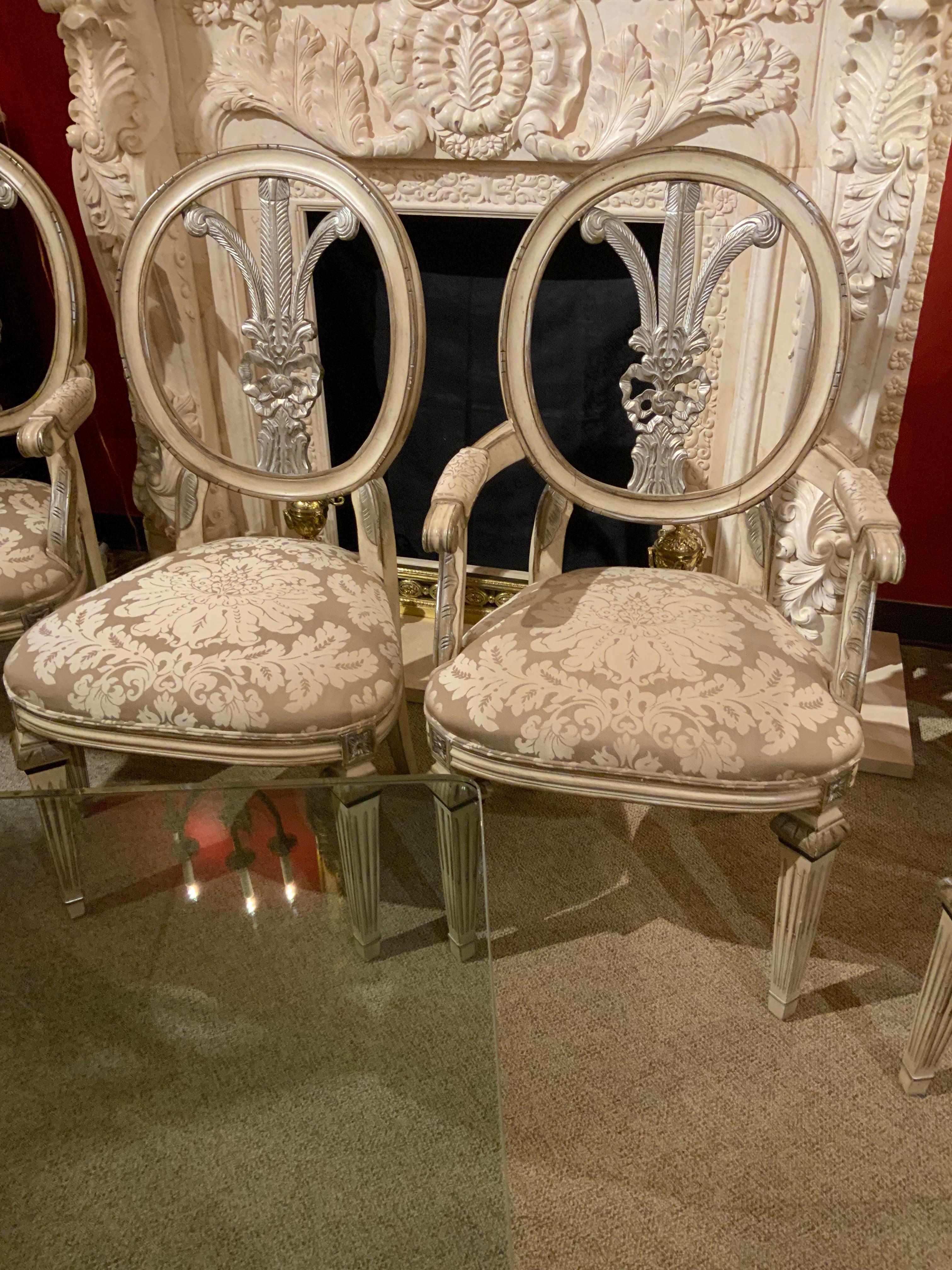 Late 20th Century Glass top on silver gilt double pedestal base with ten chairs For Sale