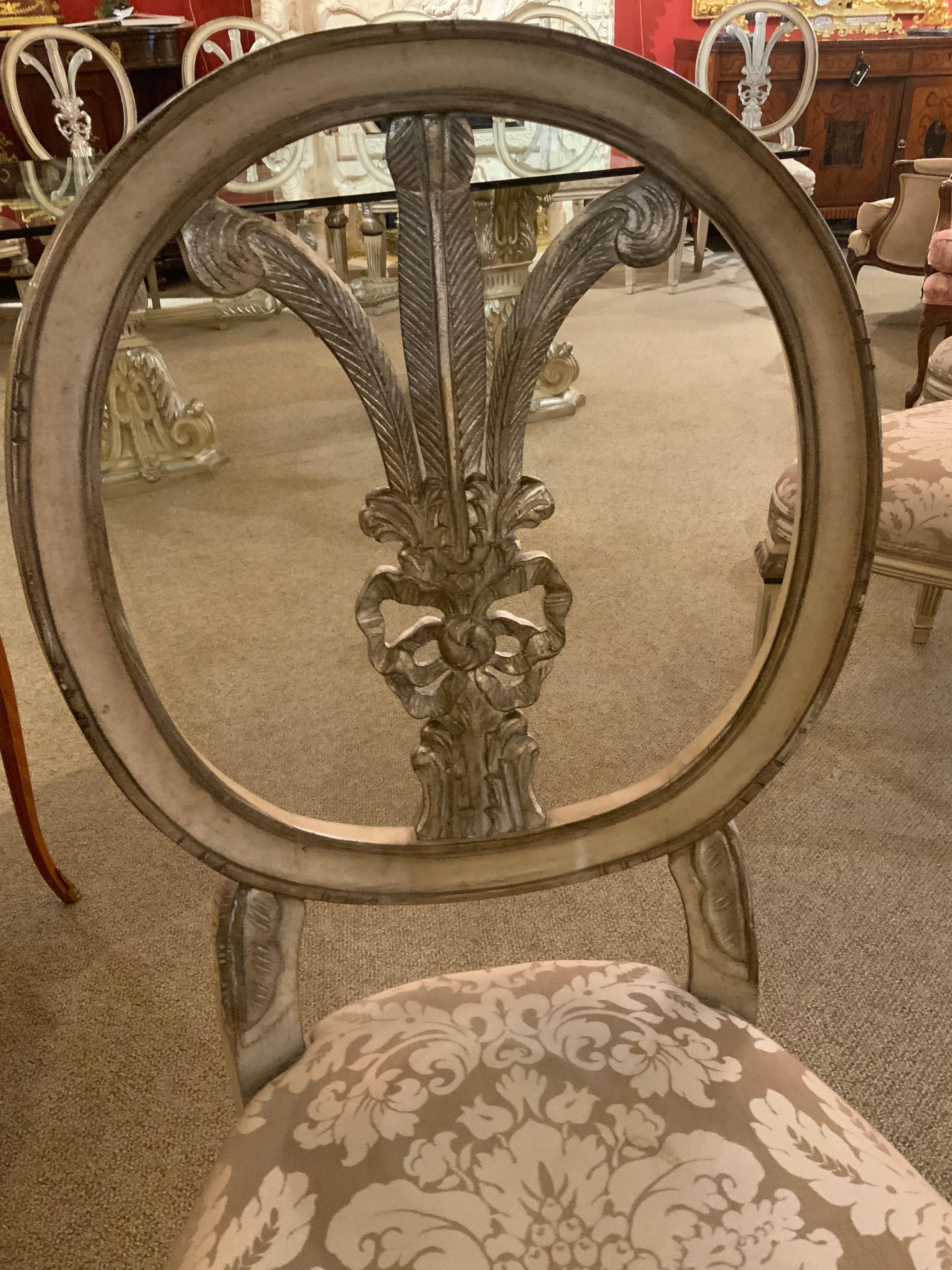 Glass top on silver gilt double pedestal base with ten chairs For Sale 4