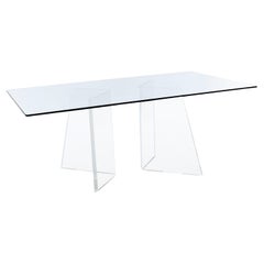 Glass Top Rectangular Dining Table with Asymmetric Angled Lucite Pedestal Bases