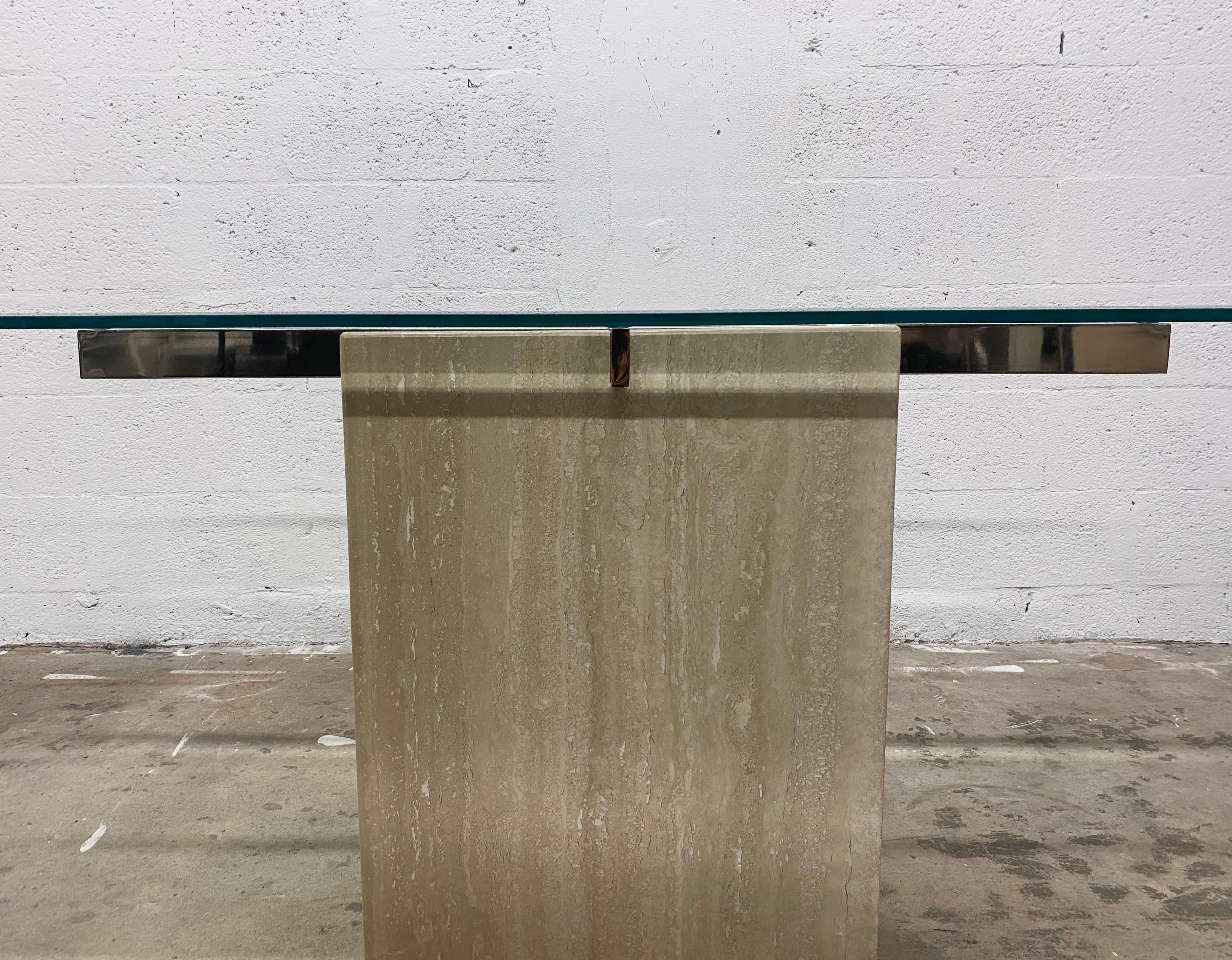 Glass Top Rectangular Travertine and Chrome Console Table by Artedi In Good Condition For Sale In Miami, FL