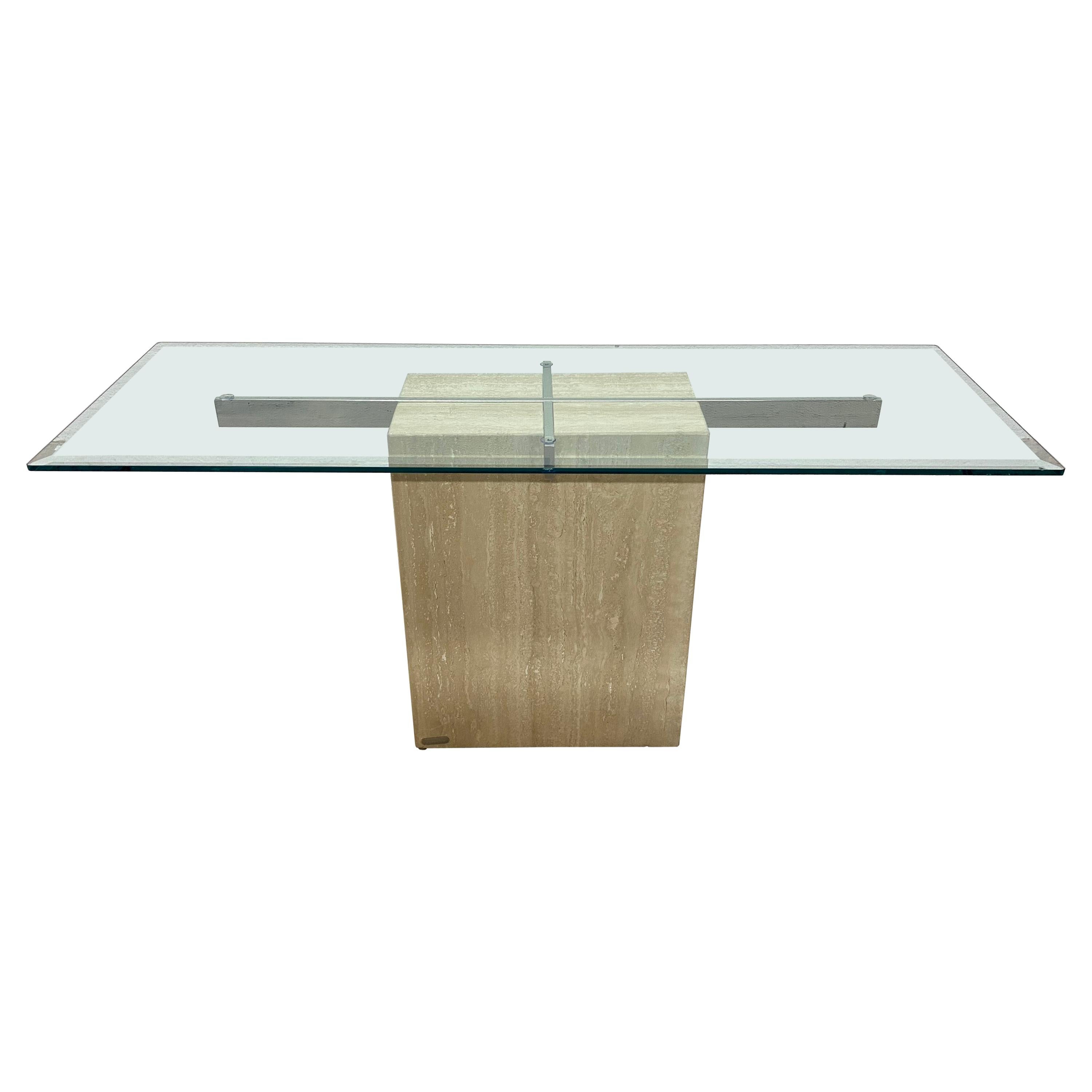 Glass Top Rectangular Travertine and Chrome Console Table by Artedi For Sale