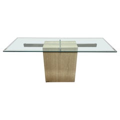 Vintage Glass Top Rectangular Travertine and Chrome Console Table by Artedi