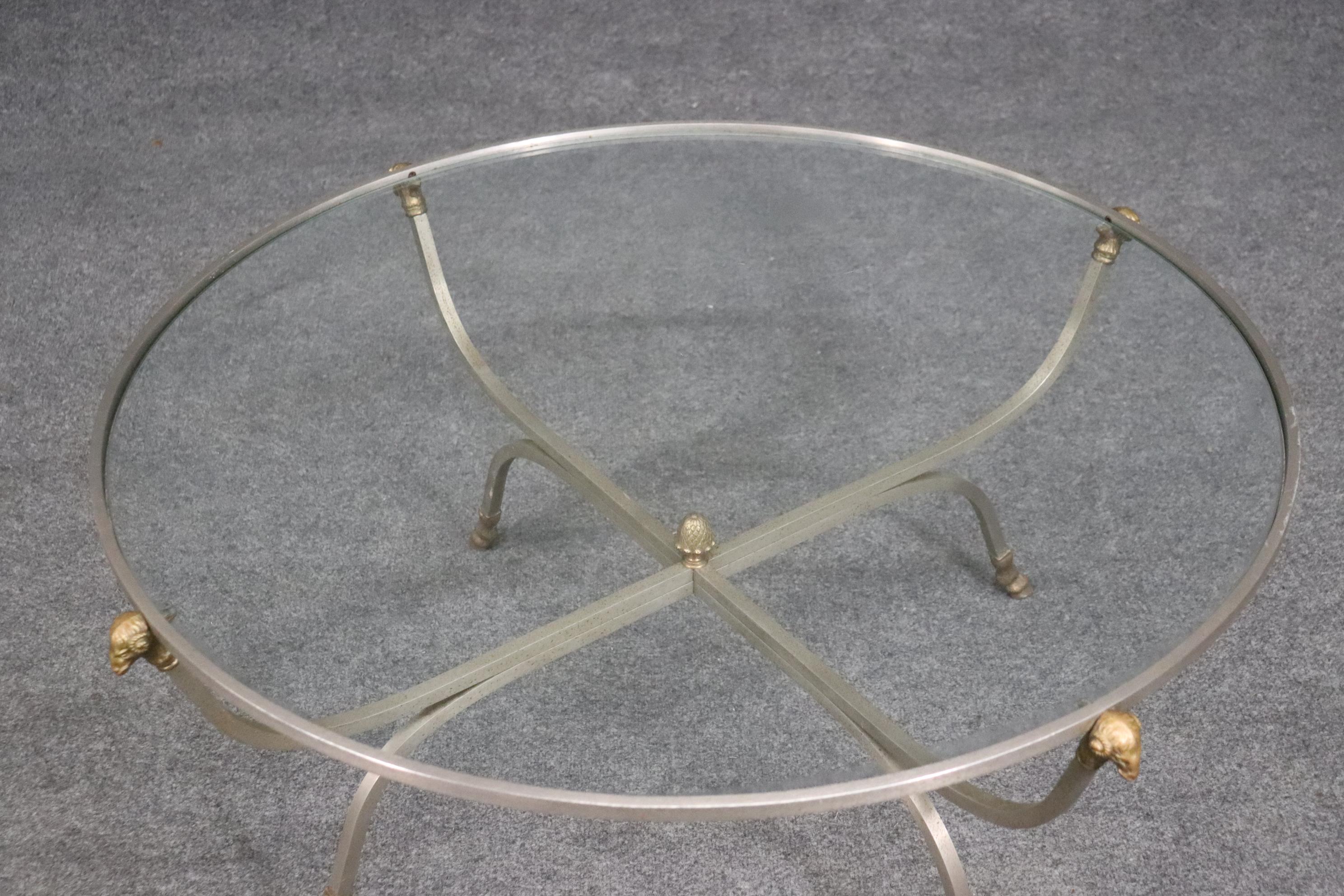 European Glass Top Round French Rams Head Maison Jansen Style Coffee Cocktail Table