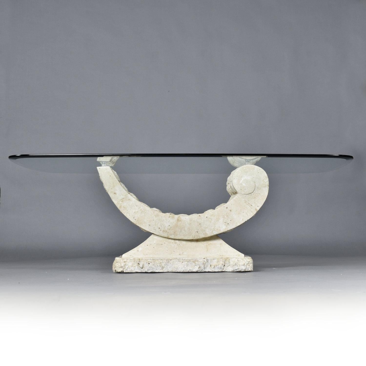 Post-Modern Glass Top Sculptural Post Modern Arched Tessellated Stone Base Coffee Table For Sale