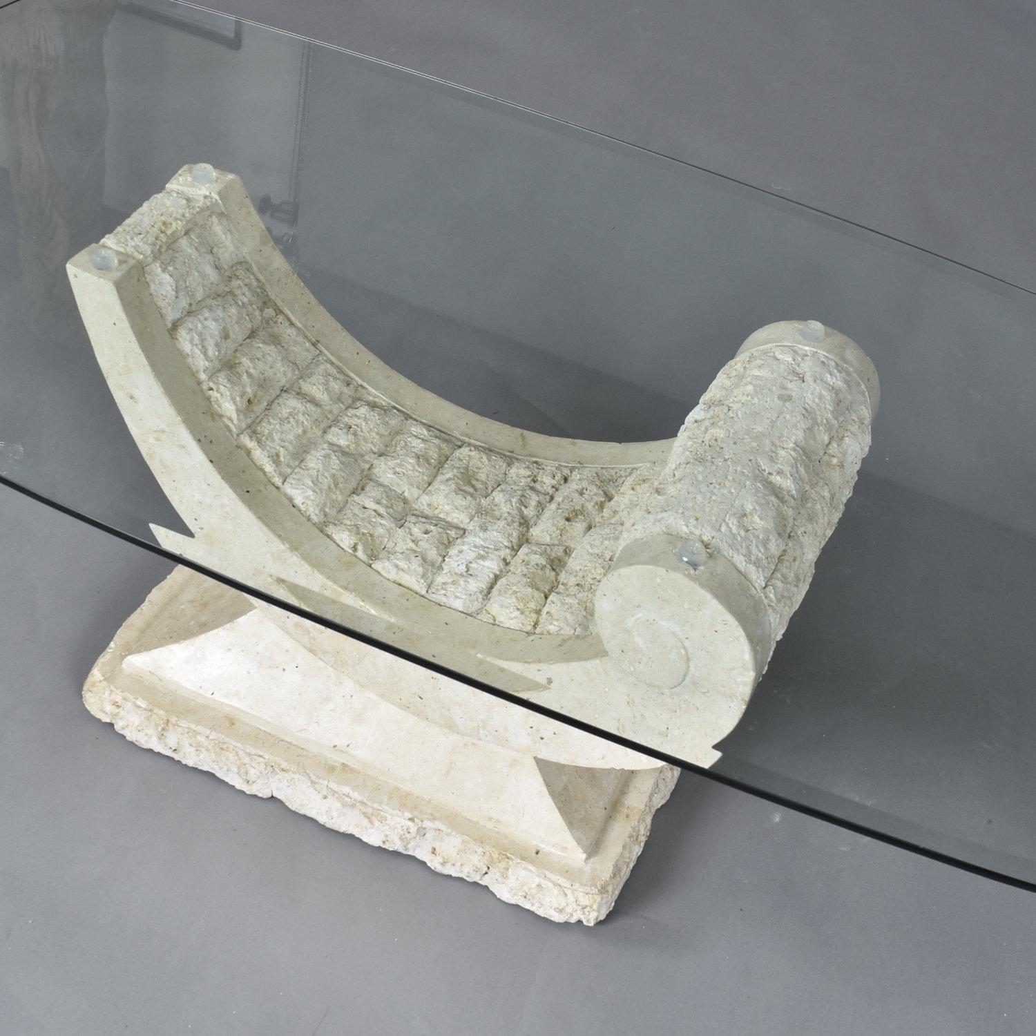 Philippine Glass Top Sculptural Post Modern Arched Tessellated Stone Base Coffee Table For Sale