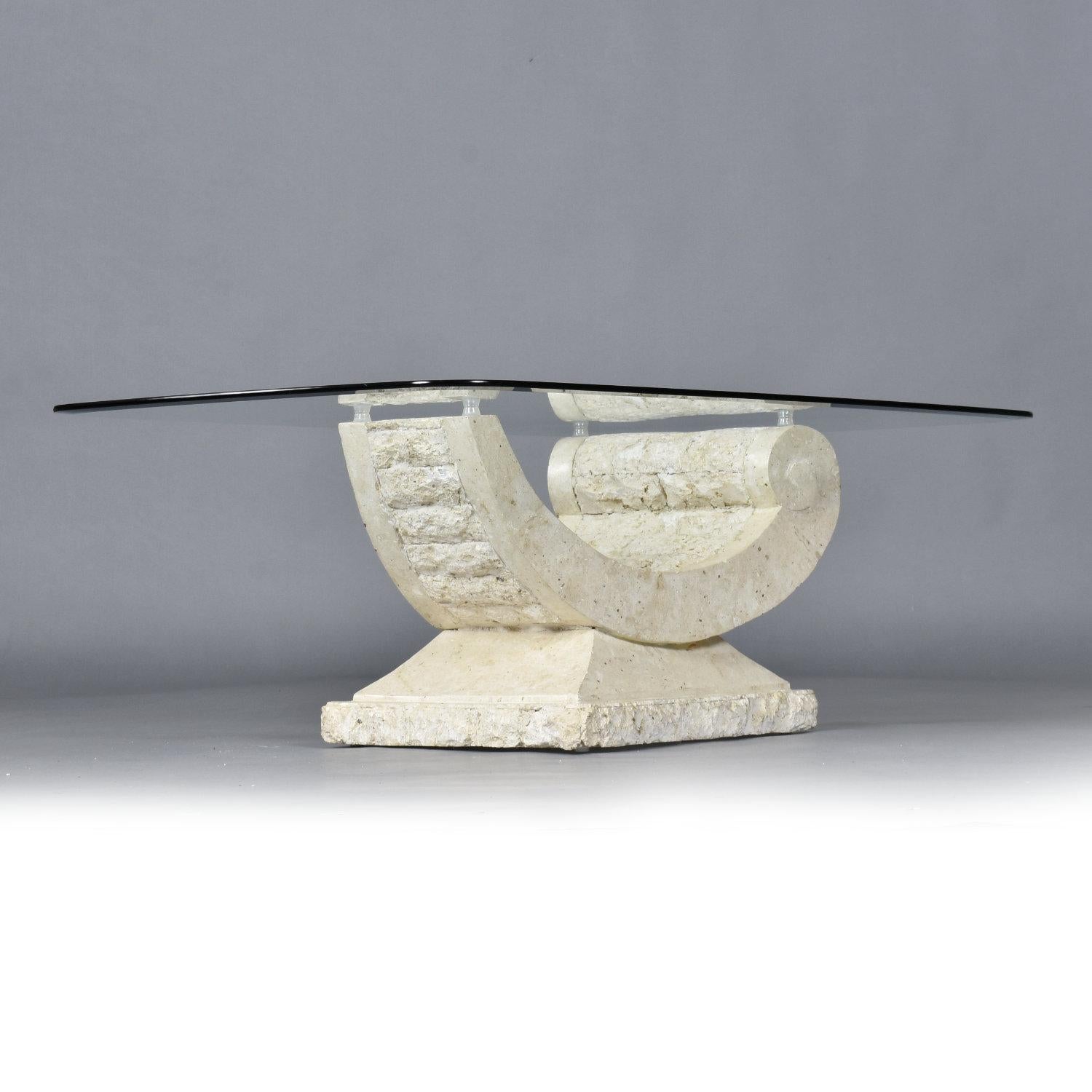 Glass Top Sculptural Post Modern Arched Tessellated Stone Base Coffee Table In Excellent Condition For Sale In Chattanooga, TN