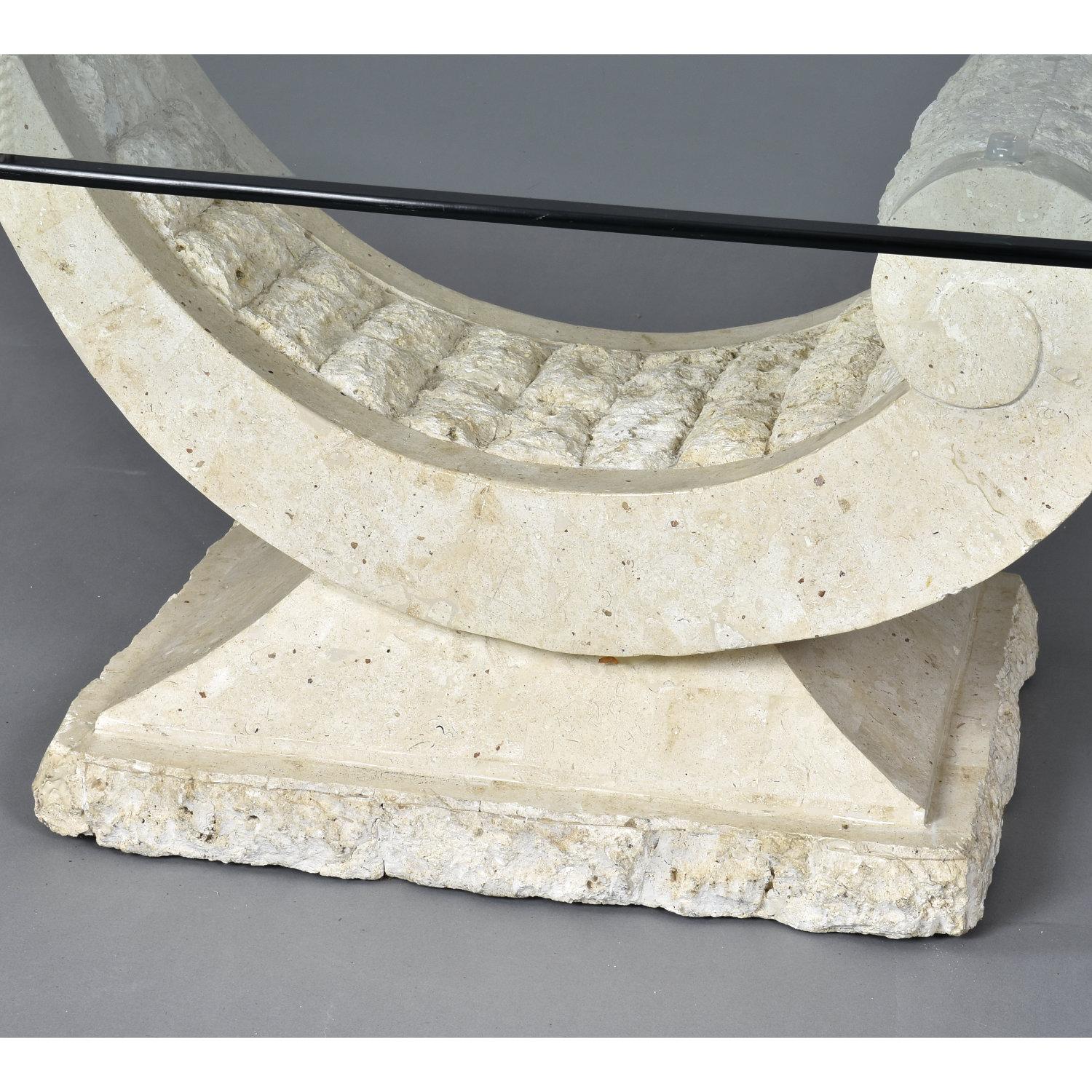Late 20th Century Glass Top Sculptural Post Modern Arched Tessellated Stone Base Coffee Table For Sale