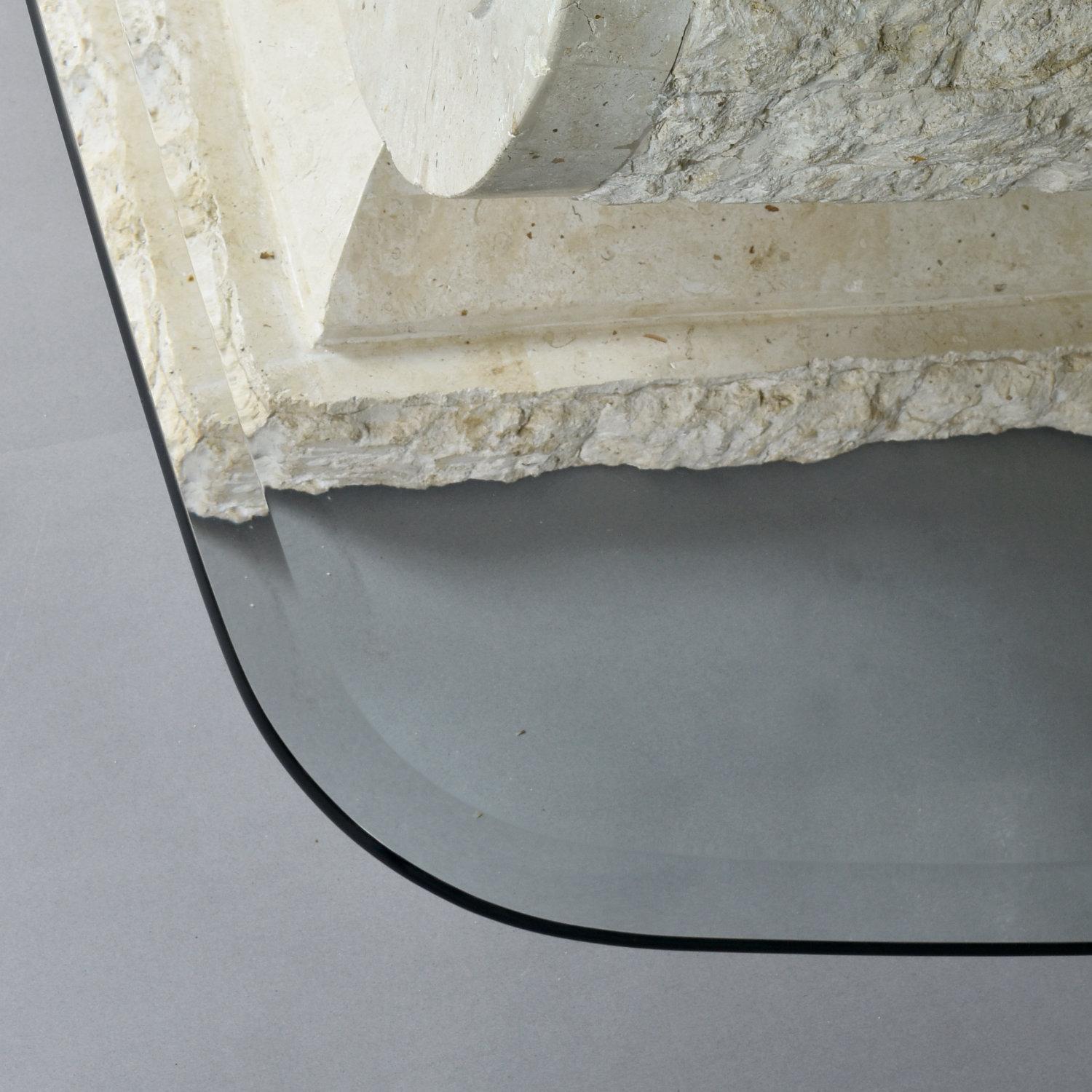 Glass Top Sculptural Post Modern Arched Tessellated Stone Base Coffee Table For Sale 3