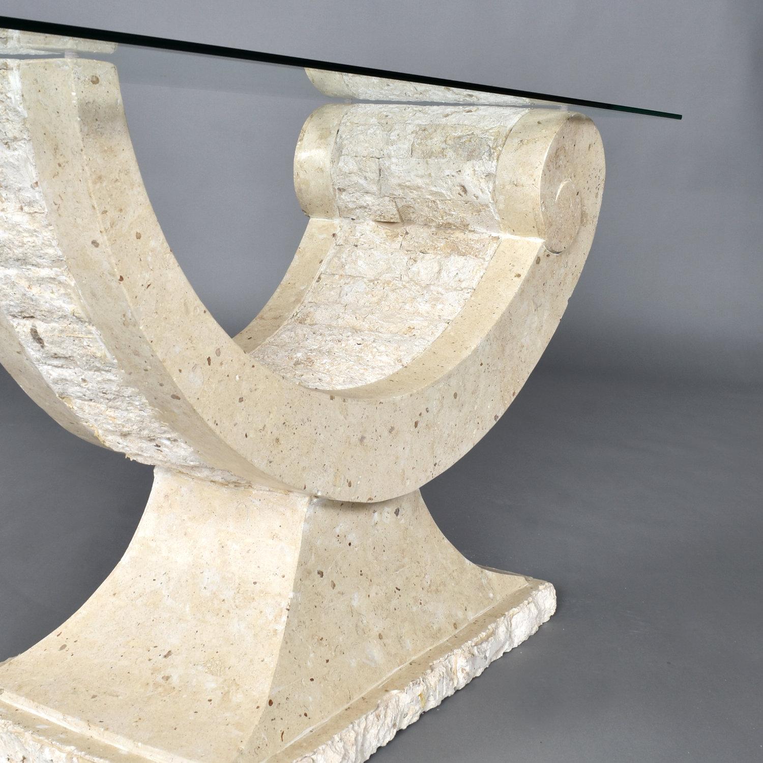 Glass Top Sculptural Post Modern Arched Tessellated Stone Base Console Table For Sale 3