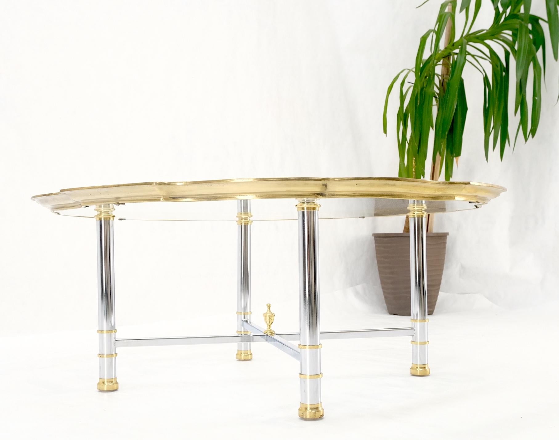 Glass Top Solid Brass Trim Cross Shape Base Chrome Base Round Coffee Table MINT! For Sale 5