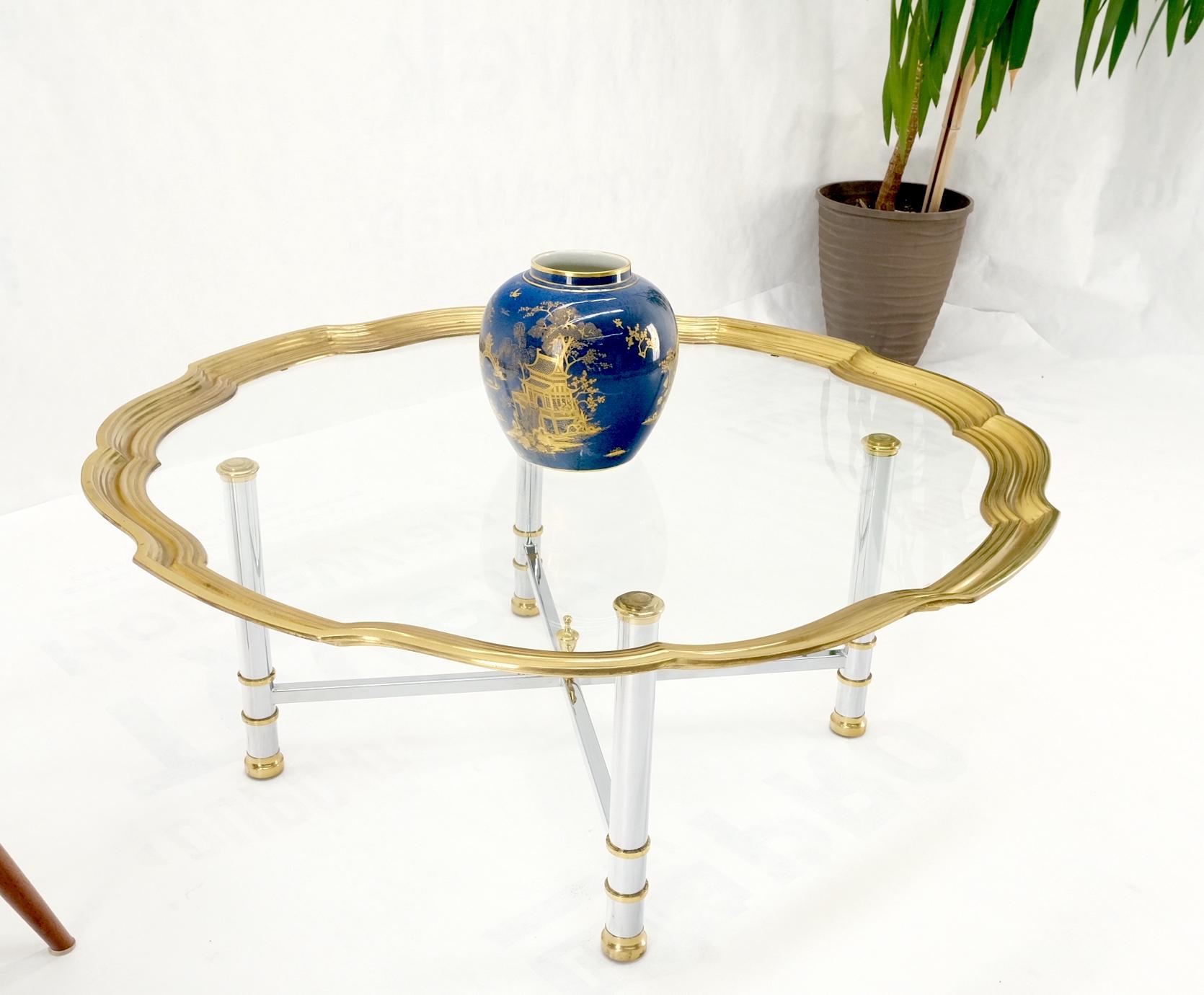 Glass Top Solid Brass Trim Cross Shape Base Chrome Base Round Coffee Table MINT! For Sale 7