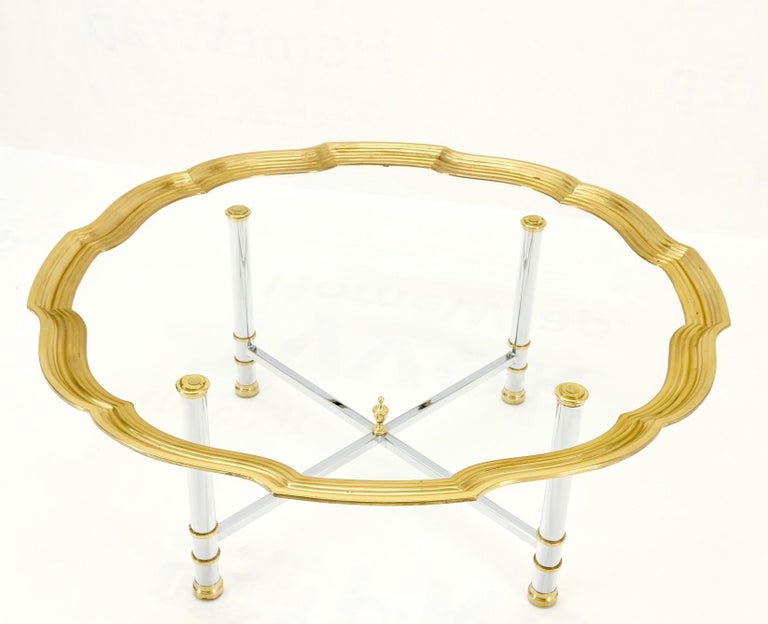 Glass Top Solid Brass Trim Cross Shape Base Chrome Base Round Coffee