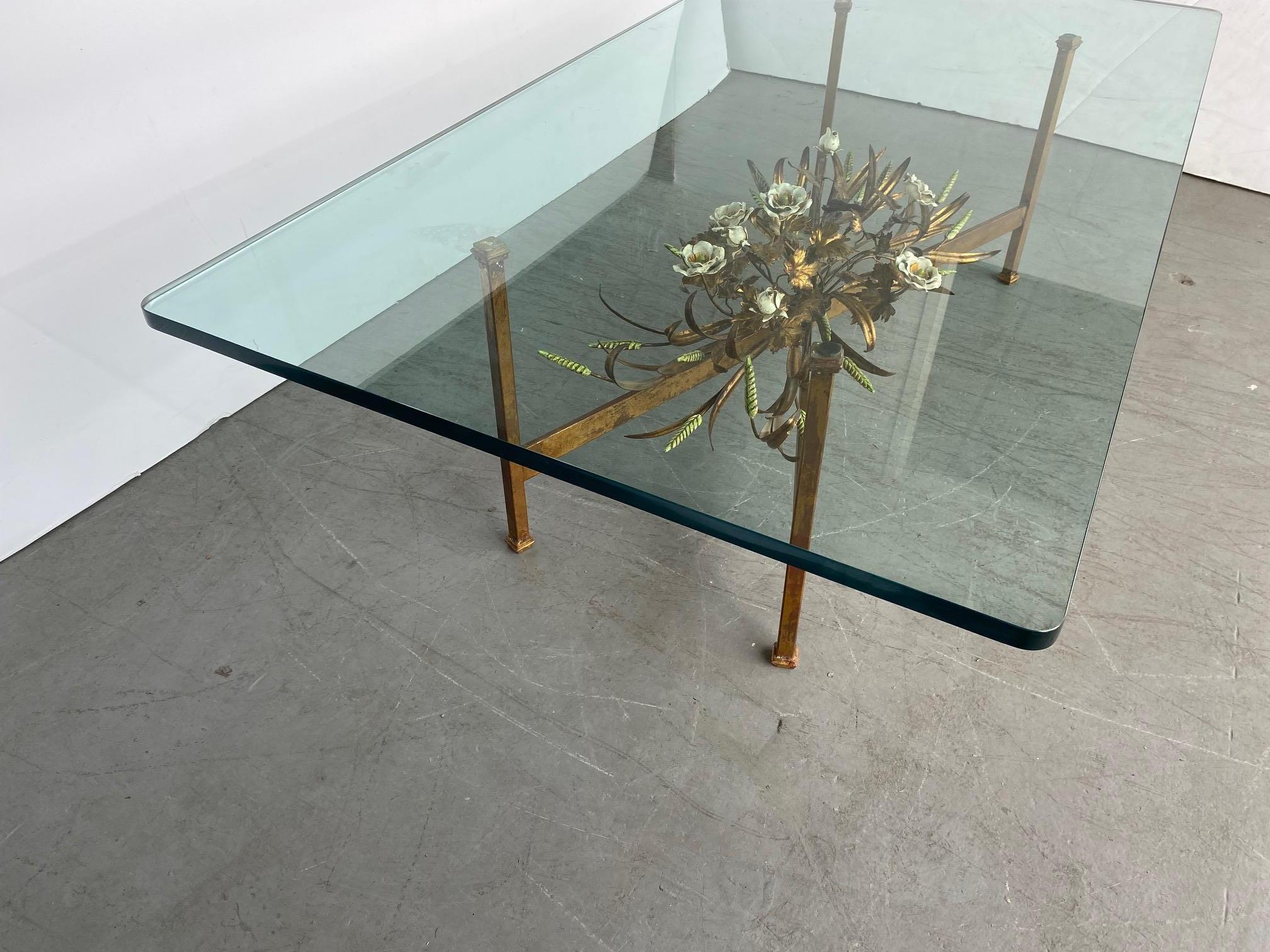 Glass Top Tole Base Coffee Table In Good Condition For Sale In Pomona, CA