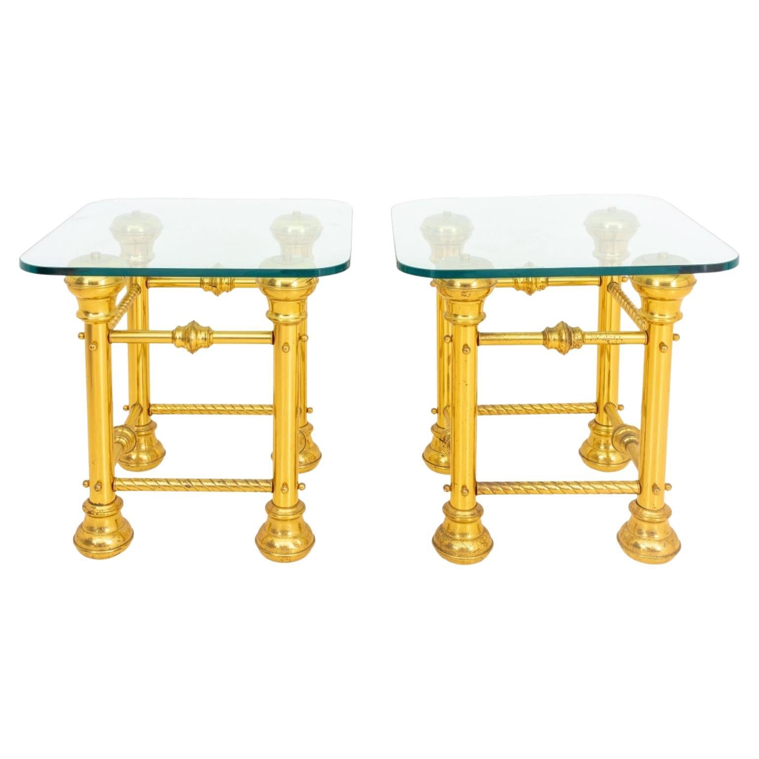 Glass Topped 19th Century Brass End Tables, Pair For Sale