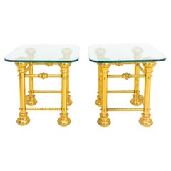 Antique Glass Topped 19th Century Brass End Tables, Pair