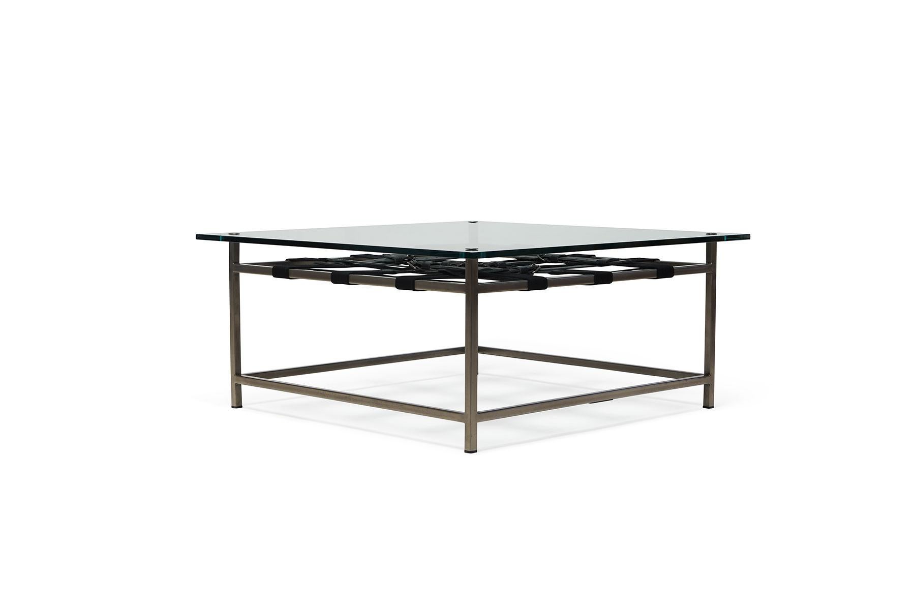 Modern Glass-Topped Antique Nickel Coffee Table For Sale